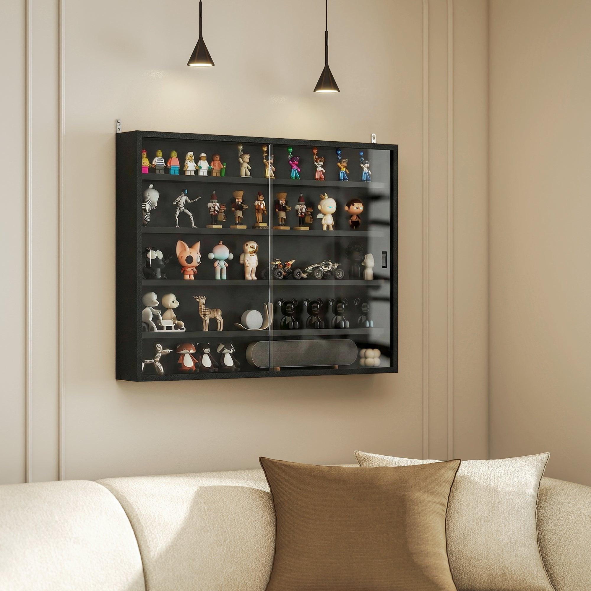 5-Tier Display Cabinet, Glass Door Cabinet with Adjustable Shelves, Wall-Mounted Display Case for Playroom, Bedroom, Jet Black