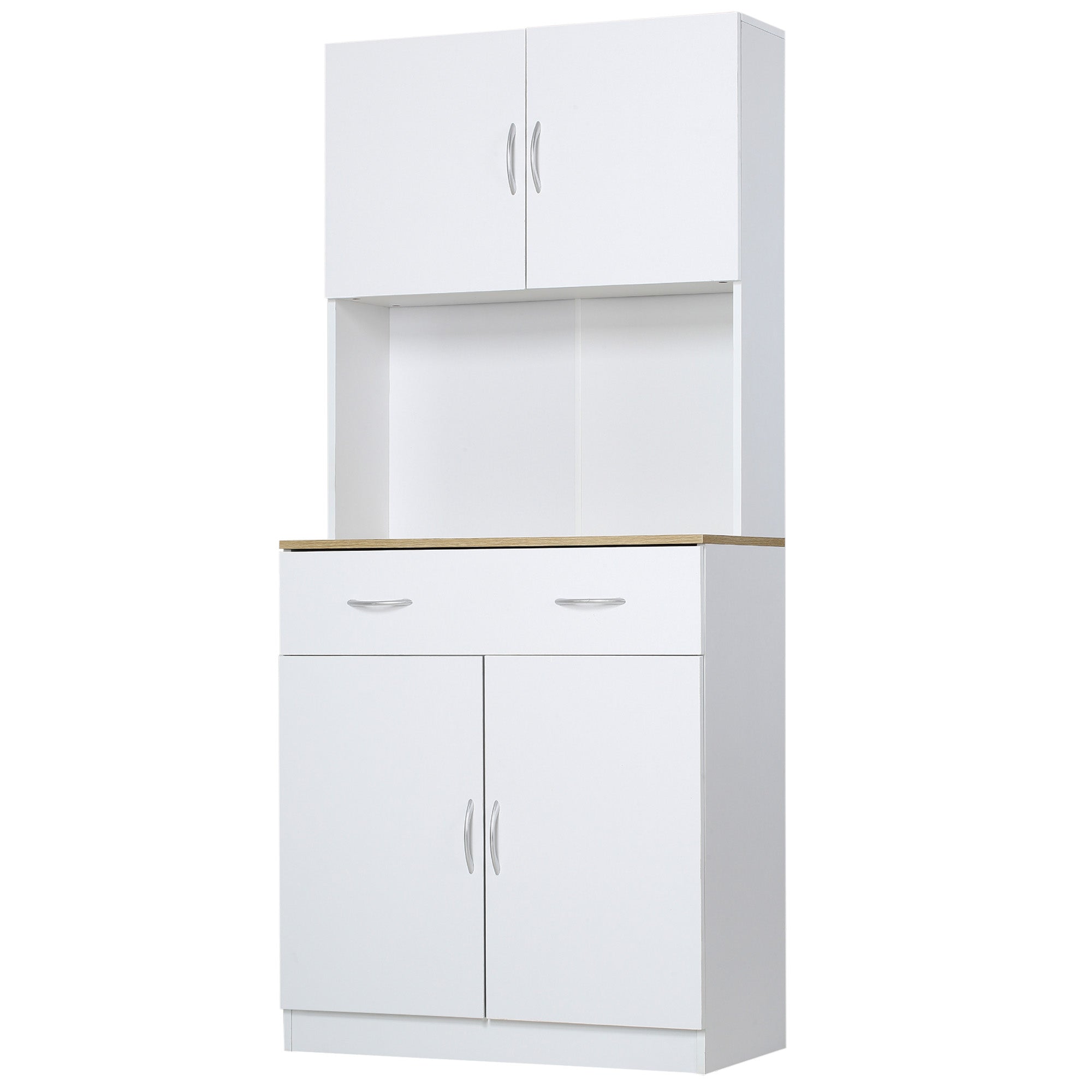 HOMCOM 71" Kitchen Pantry Storage Cabinet, Freestanding Tall Buffet with Hutch, 4-Door Microwave Stand with Adjustable Shelf, Countertop and Drawers, White