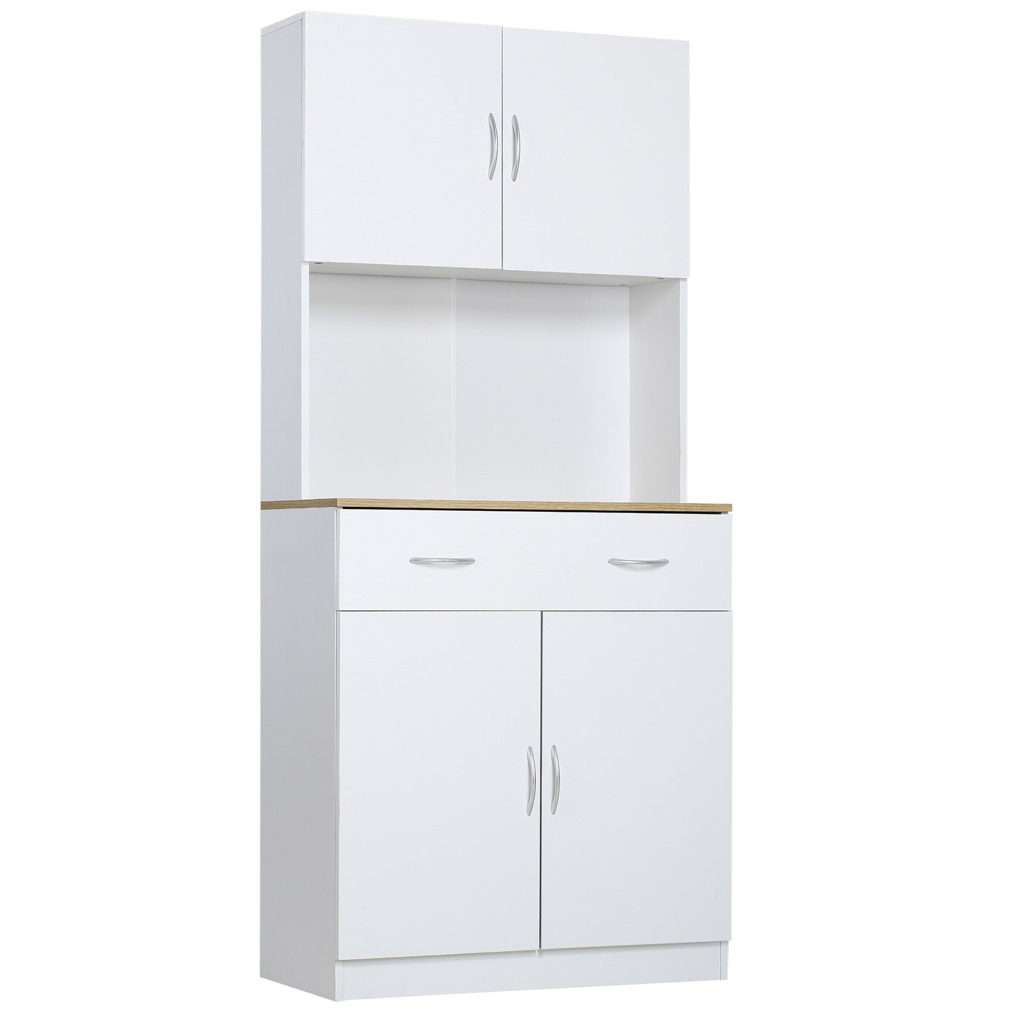 HOMCOM 71" Kitchen Pantry Storage Cabinet, Freestanding Tall Buffet with Hutch, 4-Door Microwave Stand with Adjustable Shelf, Countertop and Drawers, White