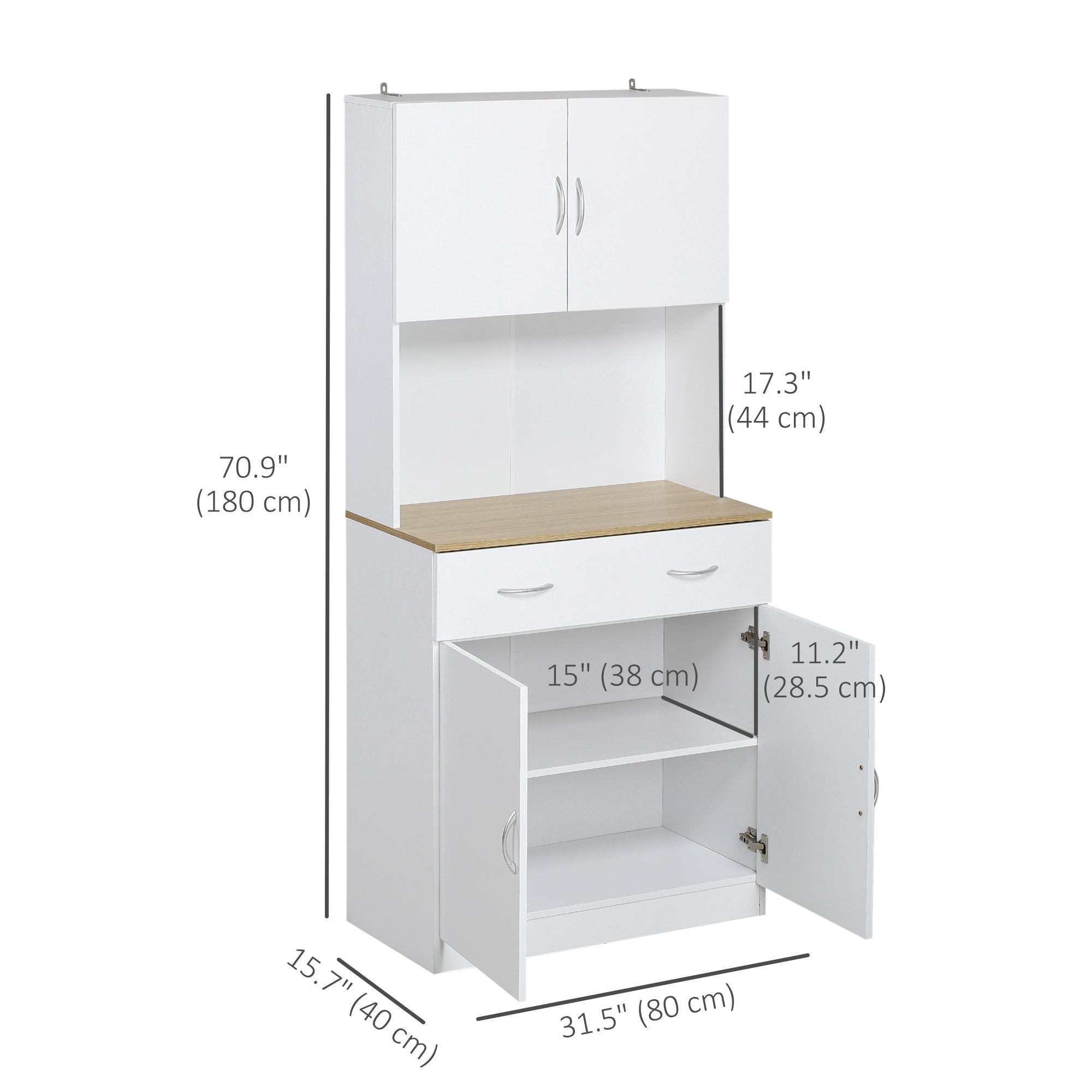 HOMCOM 71" Kitchen Pantry Storage Cabinet, Freestanding Tall Buffet with Hutch, 4-Door Microwave Stand with Adjustable Shelf, Countertop and Drawers, White