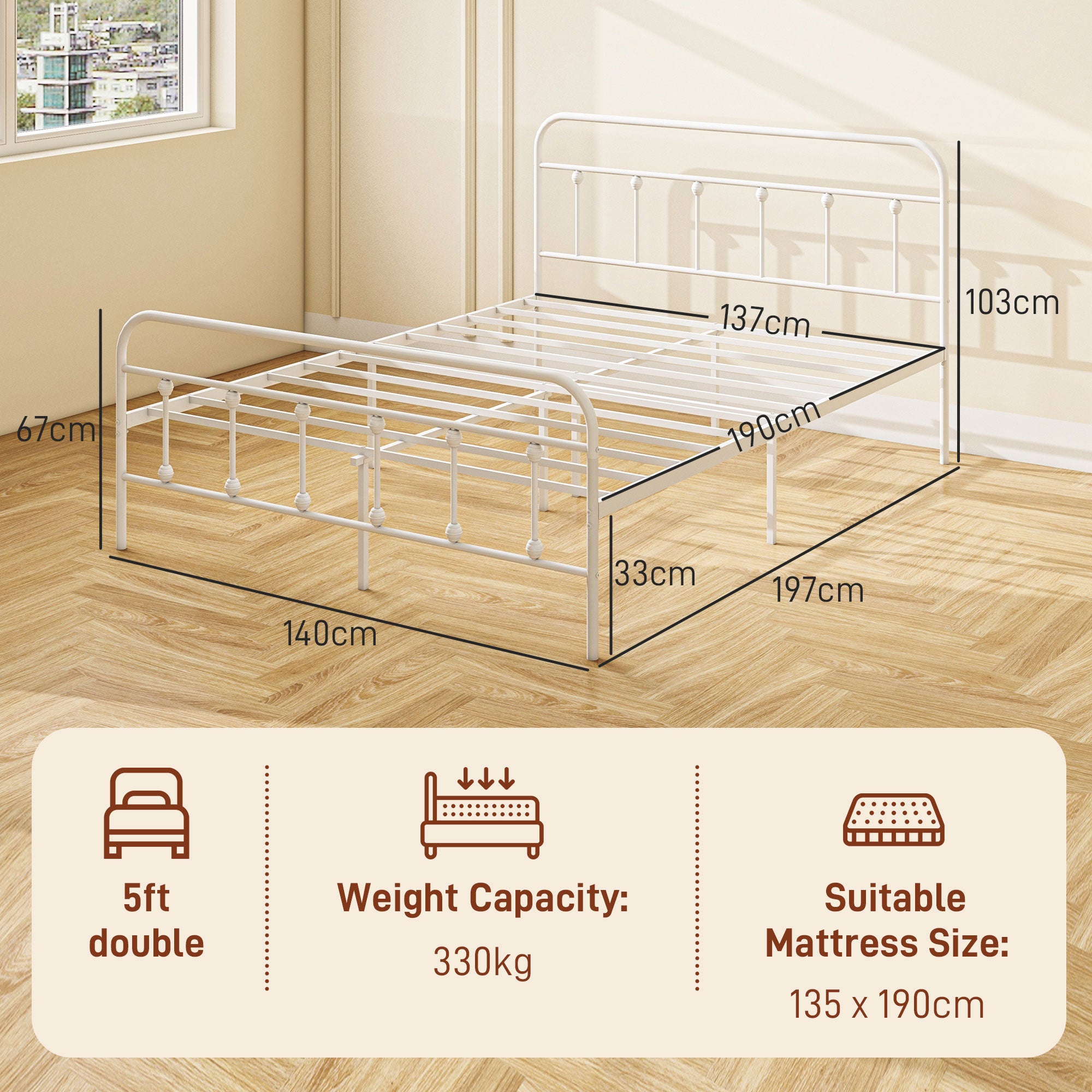 HOMCOM 4ft6 Double Bed Frame with Underbed Storage, Metal Platform Bed frame with Tall Headboard, Footboard and Steel Slat Support, No Box Spring Needed, Easy Assembly, White