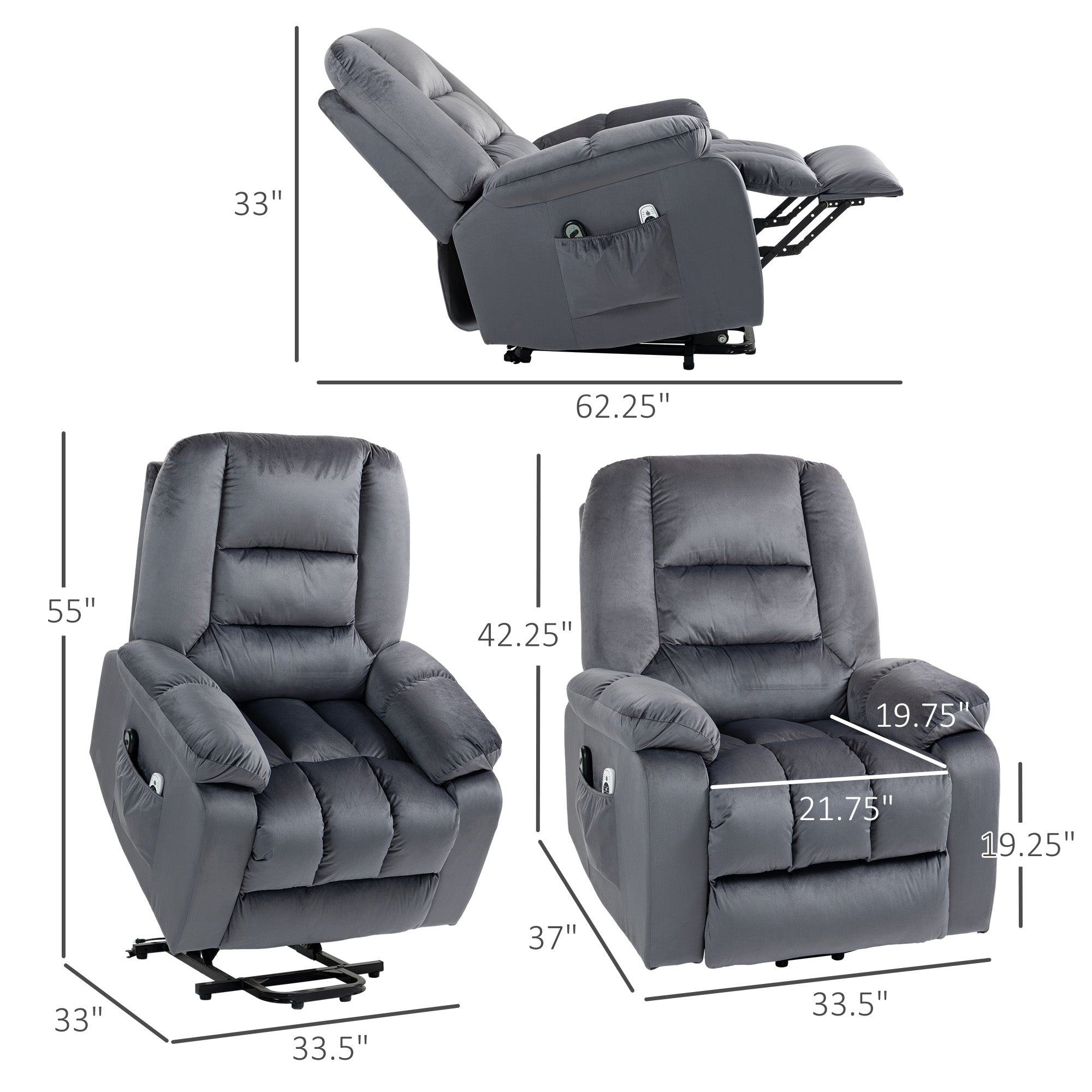 Vibration Massage Lift Recliner Chair with Heat Side Pockets Quick Assembly Gray