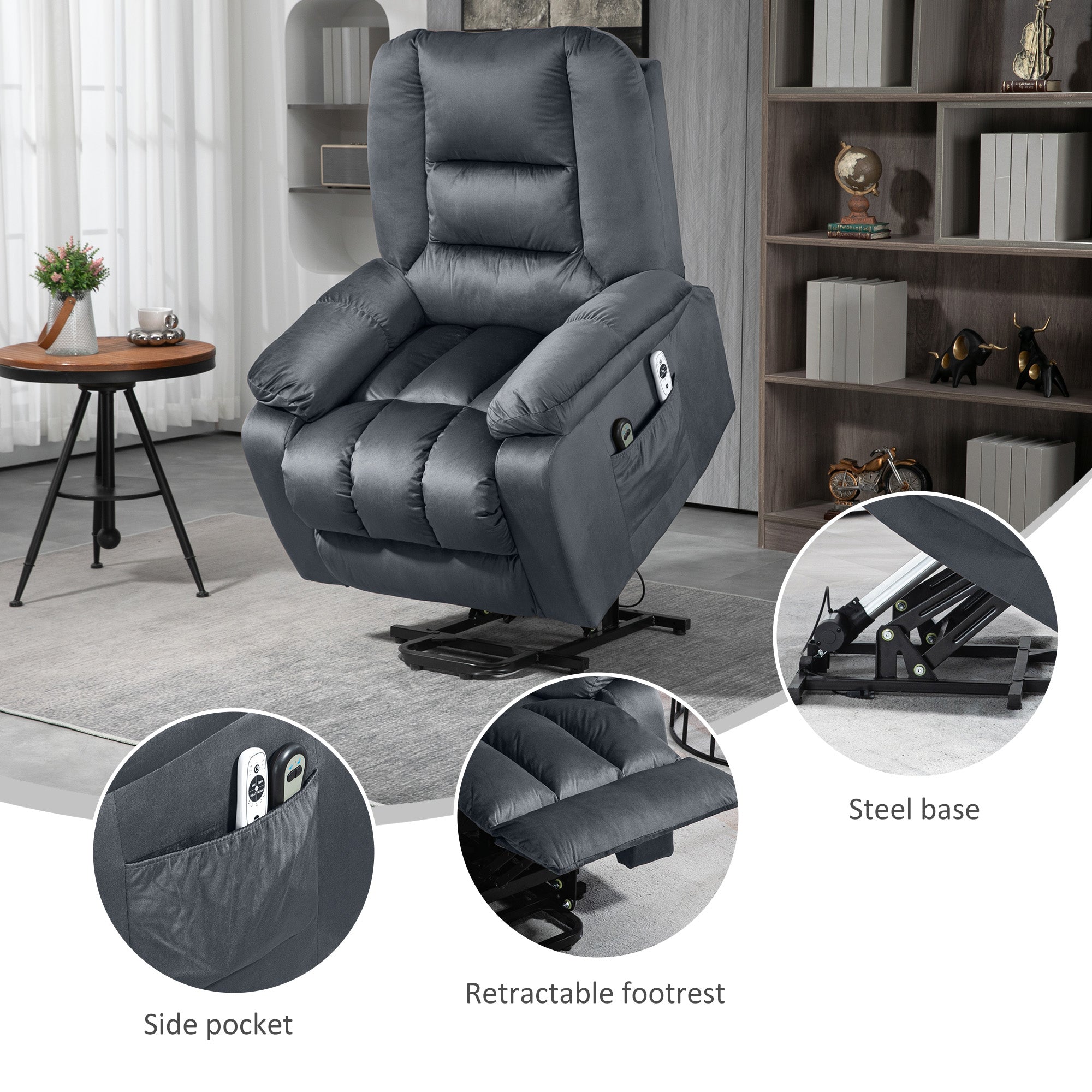 Vibration Massage Lift Recliner Chair with Heat Side Pockets Quick Assembly Gray