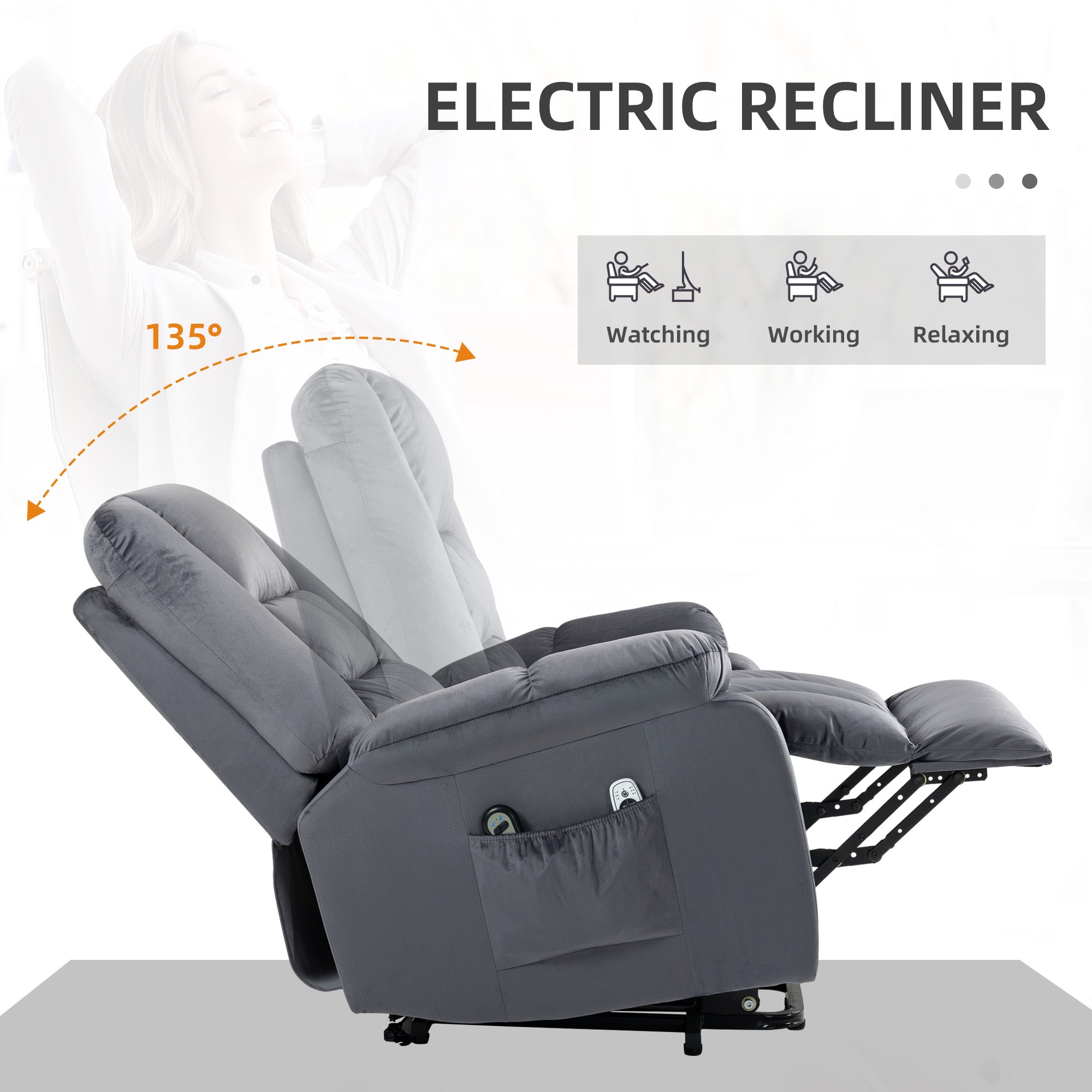 Vibration Massage Lift Recliner Chair with Heat Side Pockets Quick Assembly Gray