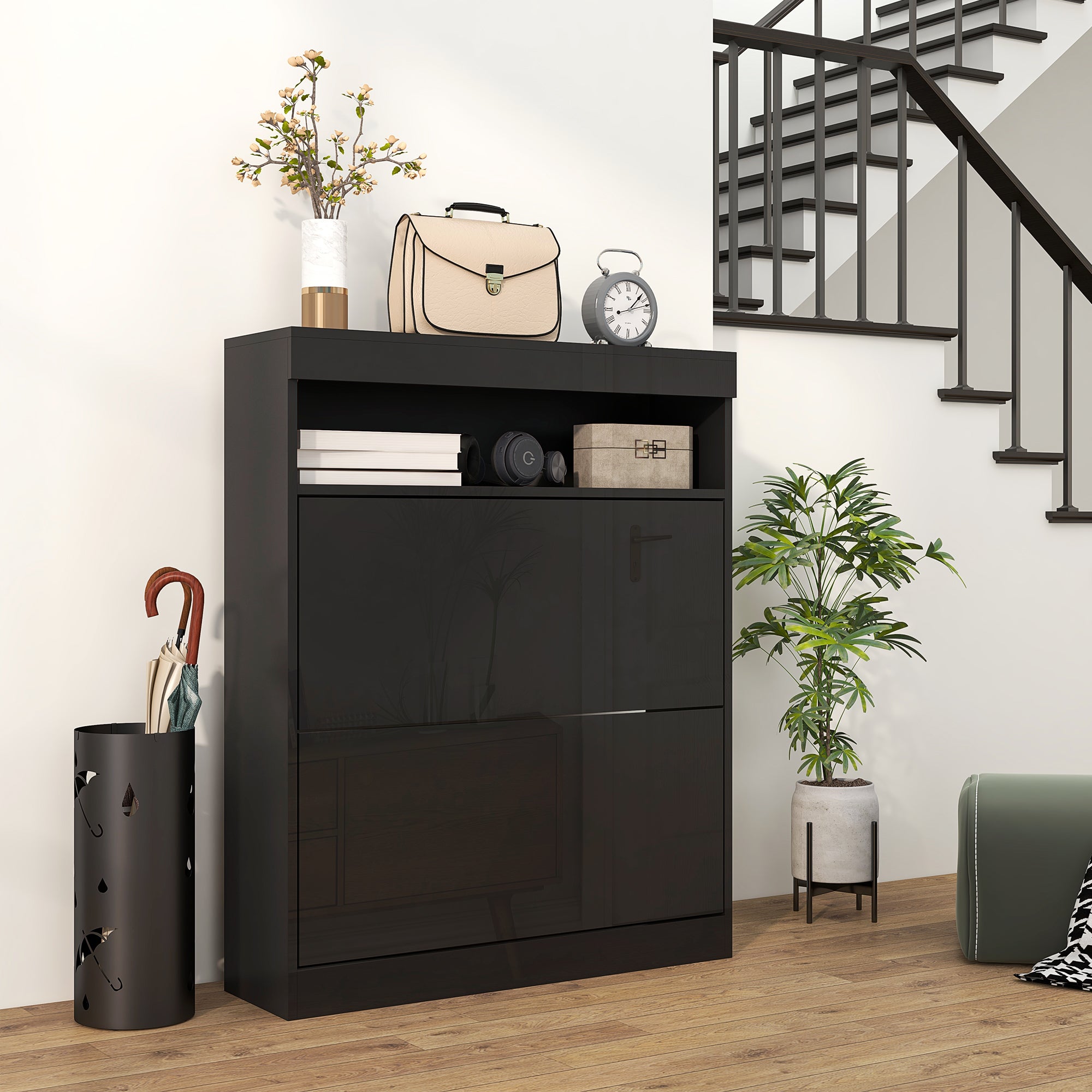 HOMCOM Narrow Shoe Cabinet, Wall Mounted or Freestanding Shoe Storage Cabinet with 2 Flip Drawers and Open Shelf for 12-16 Pairs of Shoes for Entryway, High Gloss Black