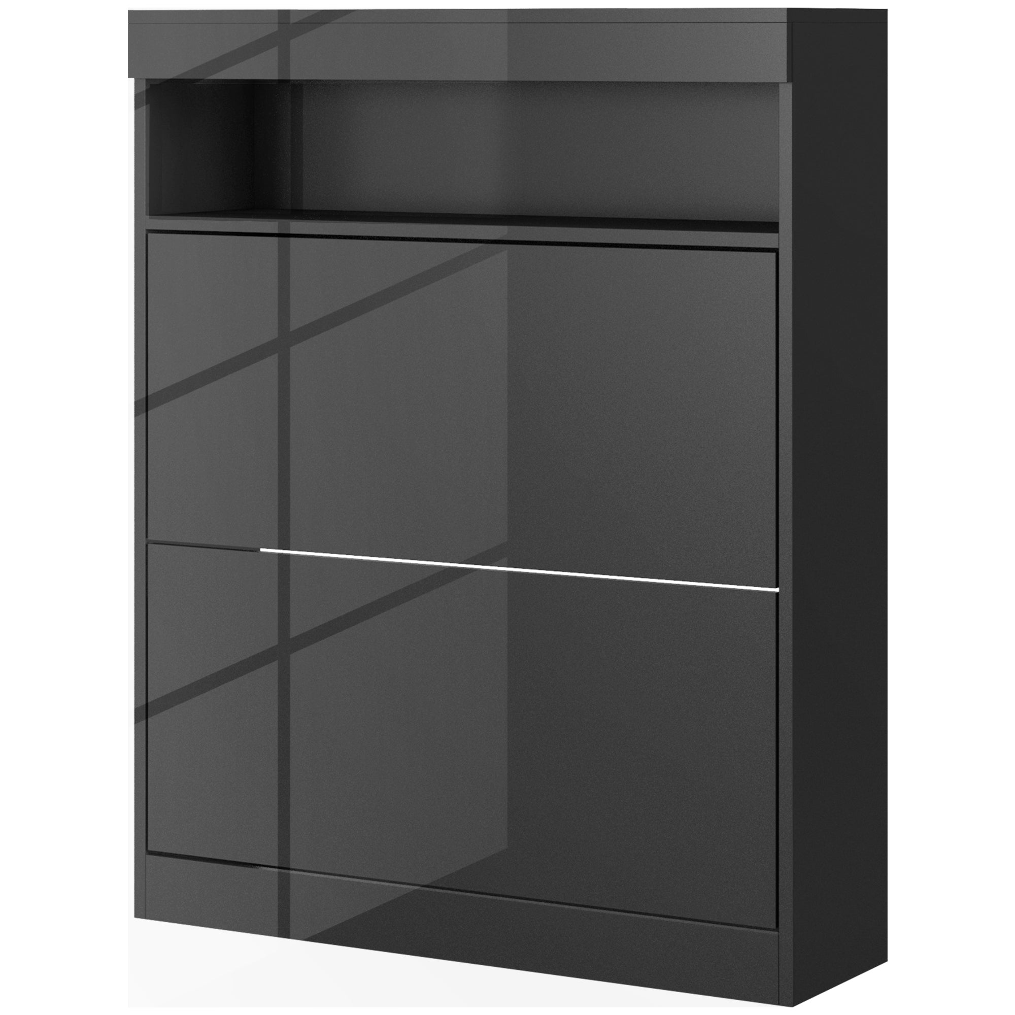 HOMCOM Narrow Shoe Cabinet, Wall Mounted or Freestanding Shoe Storage Cabinet with 2 Flip Drawers and Open Shelf for 12-16 Pairs of Shoes for Entryway, High Gloss Black