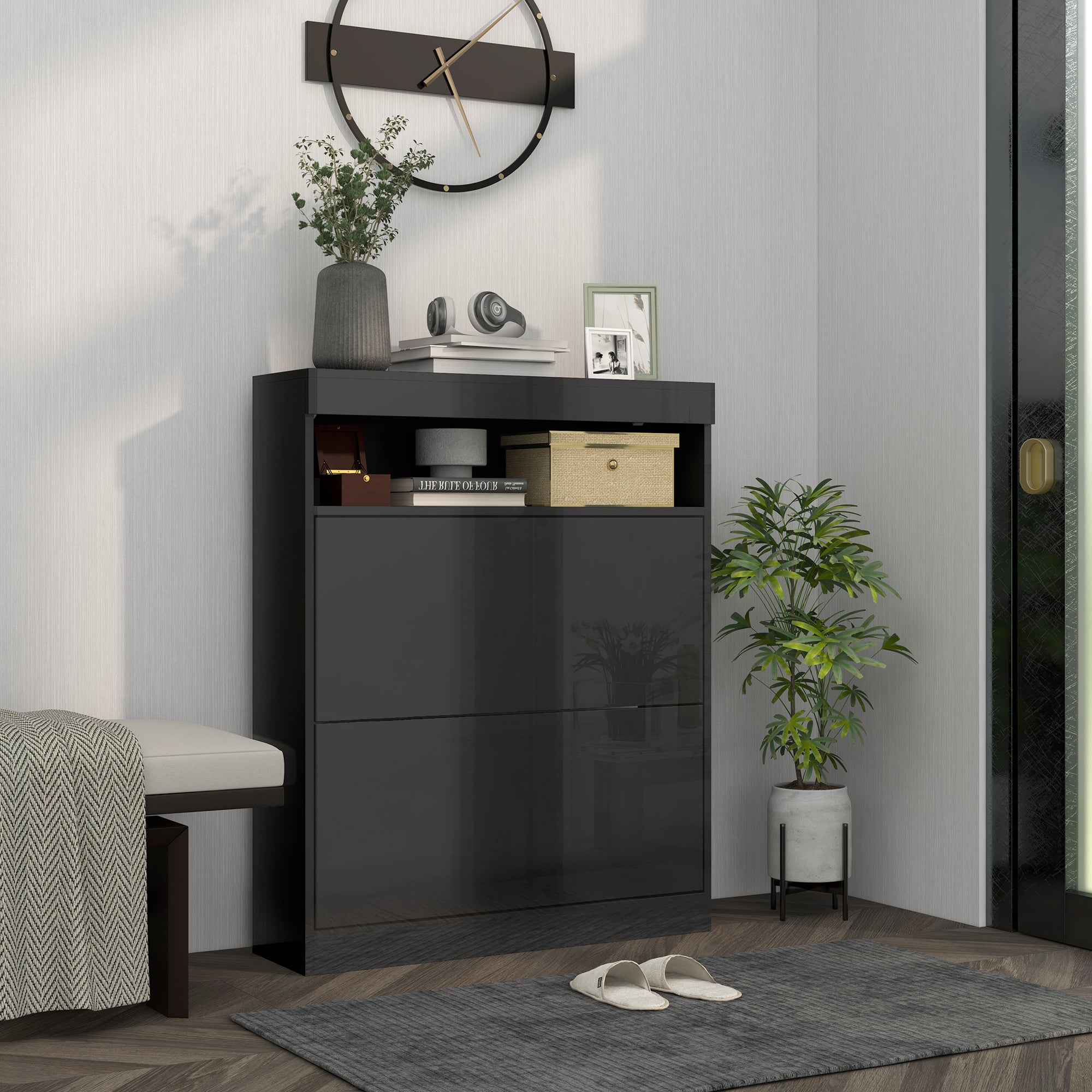 HOMCOM Narrow Shoe Cabinet, Wall Mounted or Freestanding Shoe Storage Cabinet with 2 Flip Drawers and Open Shelf for 12-16 Pairs of Shoes for Entryway, High Gloss Black