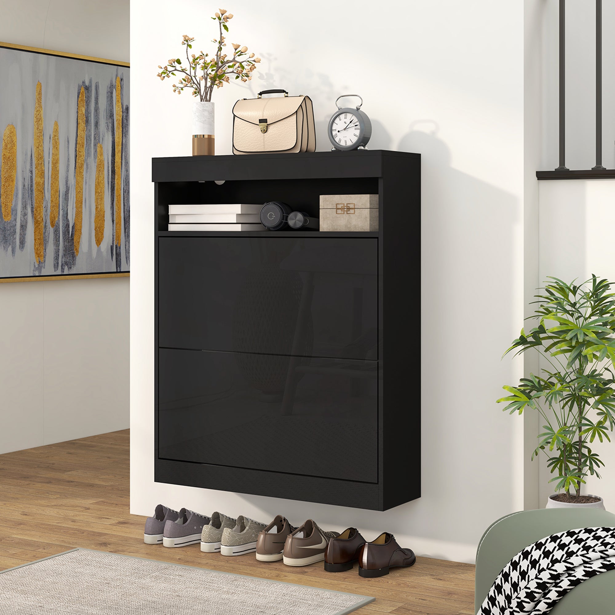 HOMCOM Narrow Shoe Cabinet, Wall Mounted or Freestanding Shoe Storage Cabinet with 2 Flip Drawers and Open Shelf for 12-16 Pairs of Shoes for Entryway, High Gloss Black