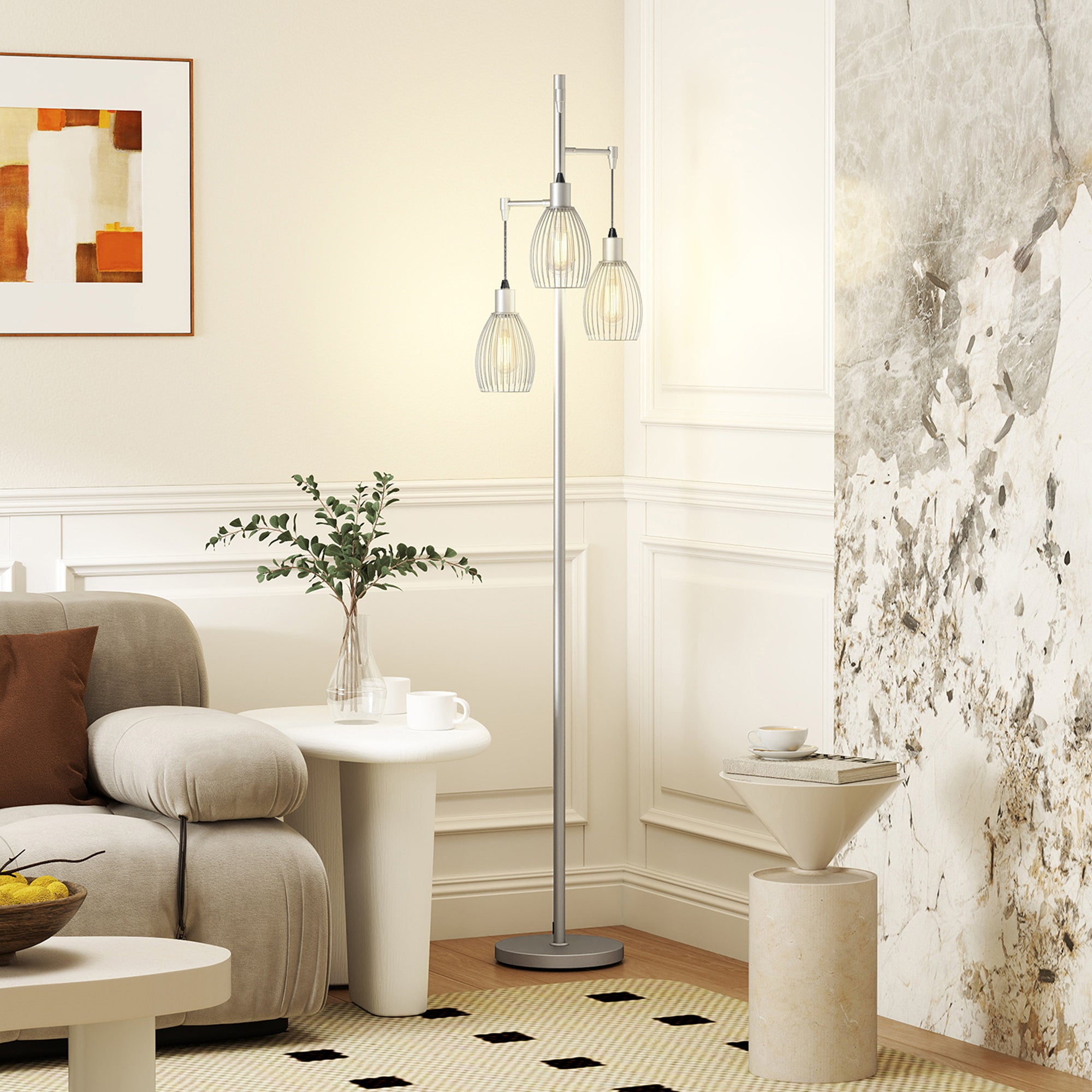 3-Light LED Floor Lamp, 170cm Industrial Dimmable Standing Lamp with Steel Wire Cage Lampshades, 2700K for Living Room, Bedroom, Dining Room, Study, Silver Tone