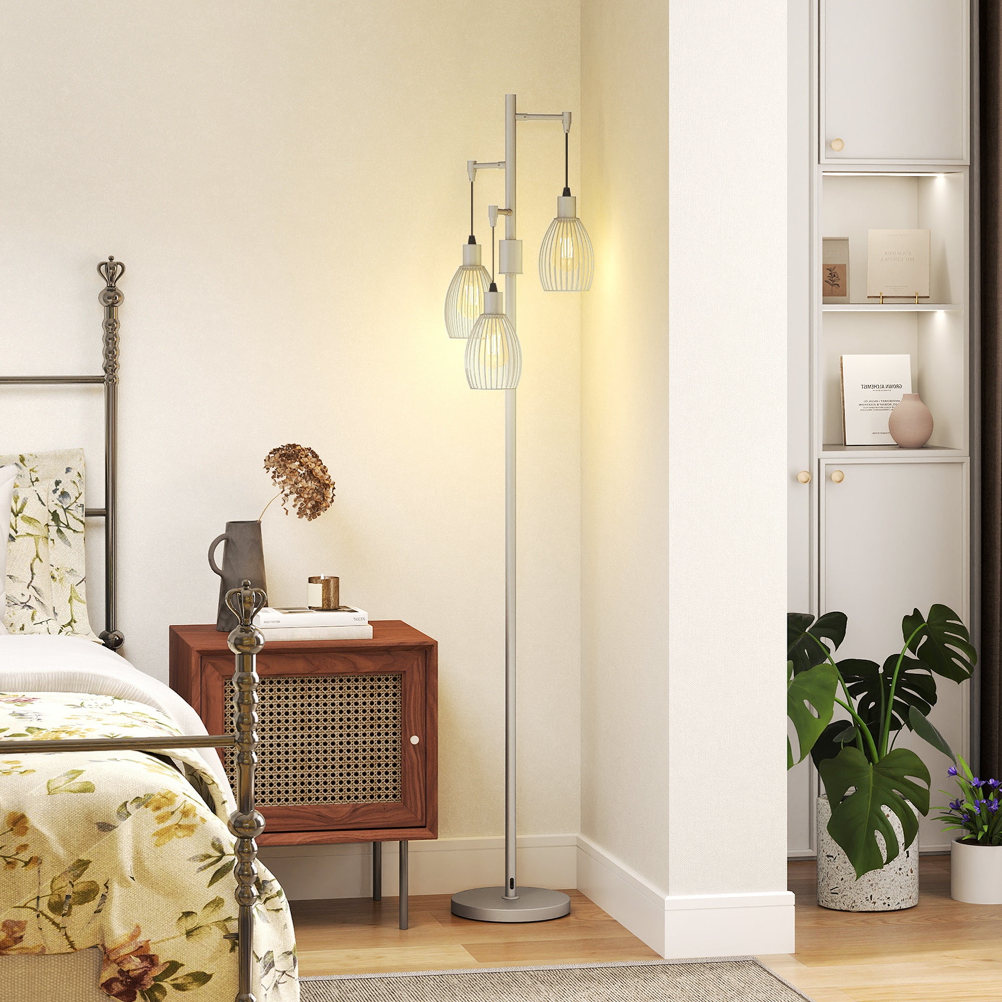 3-Light LED Floor Lamp, 170cm Industrial Dimmable Standing Lamp with Steel Wire Cage Lampshades, 2700K for Living Room, Bedroom, Dining Room, Study, Silver Tone
