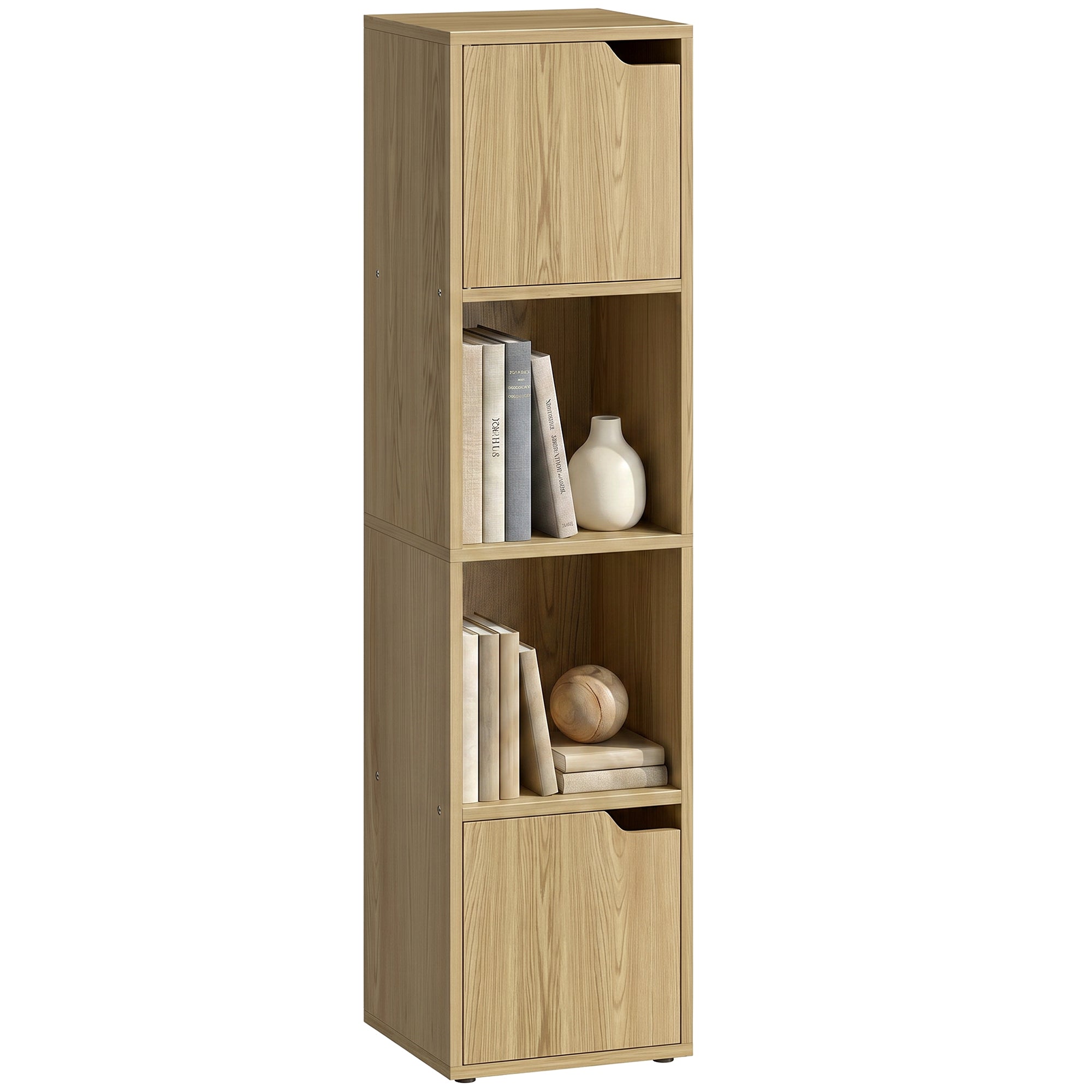 Bookcase with 2 Cabinets and Doors, 4-Tier Bookshelf, Storage Cabinet with Open Shelves and Anti-Tipping Design, for Living Room, Bedroom, Home Office, Oak
