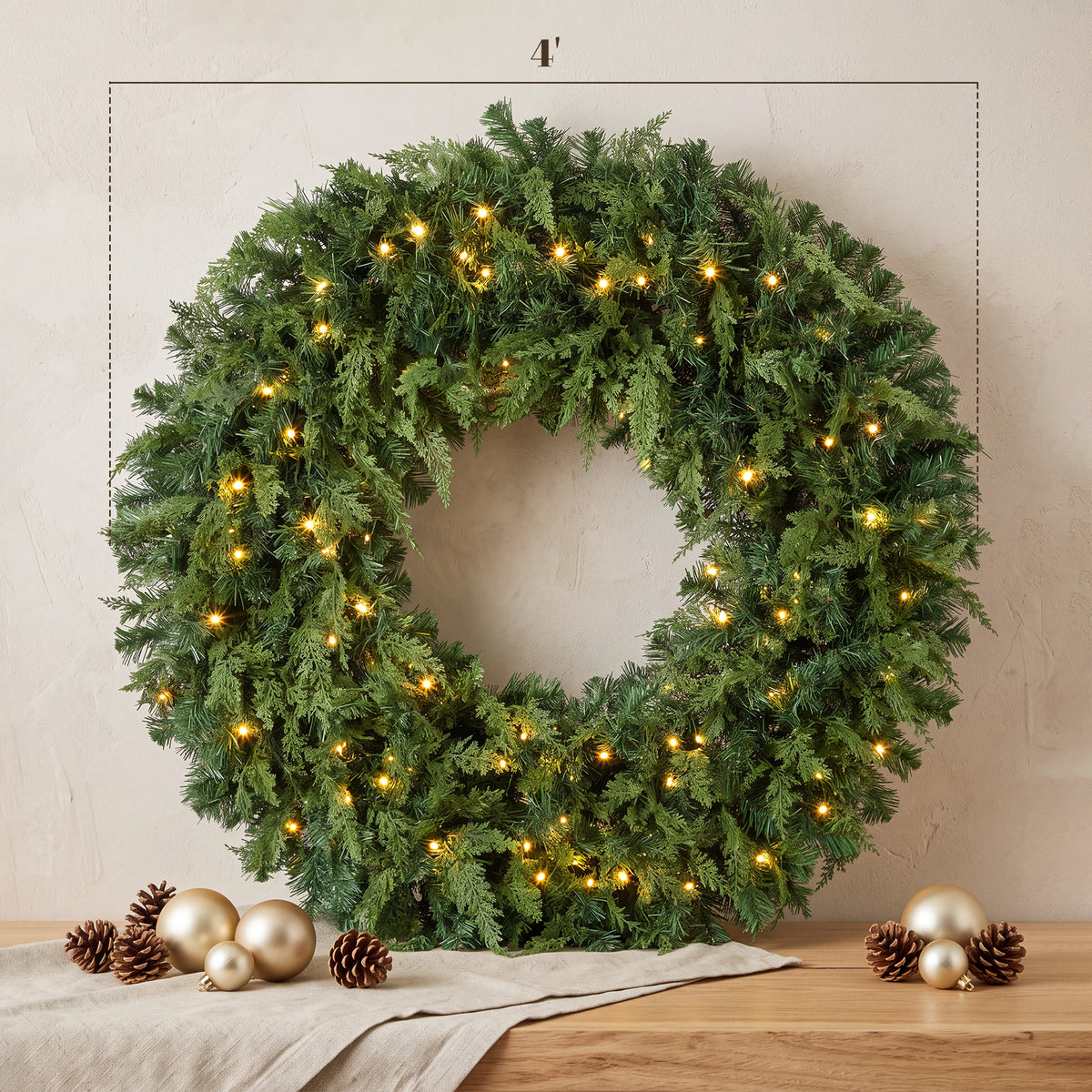 48 in Pre-Lit Cedar Artificial Christmas Wreath, Christmas Decoration with 150 Warm White LED Lights, 550 Tips, 8 Modes for Door, Mantel, Window, Indoor, Covered Outdoor, Green