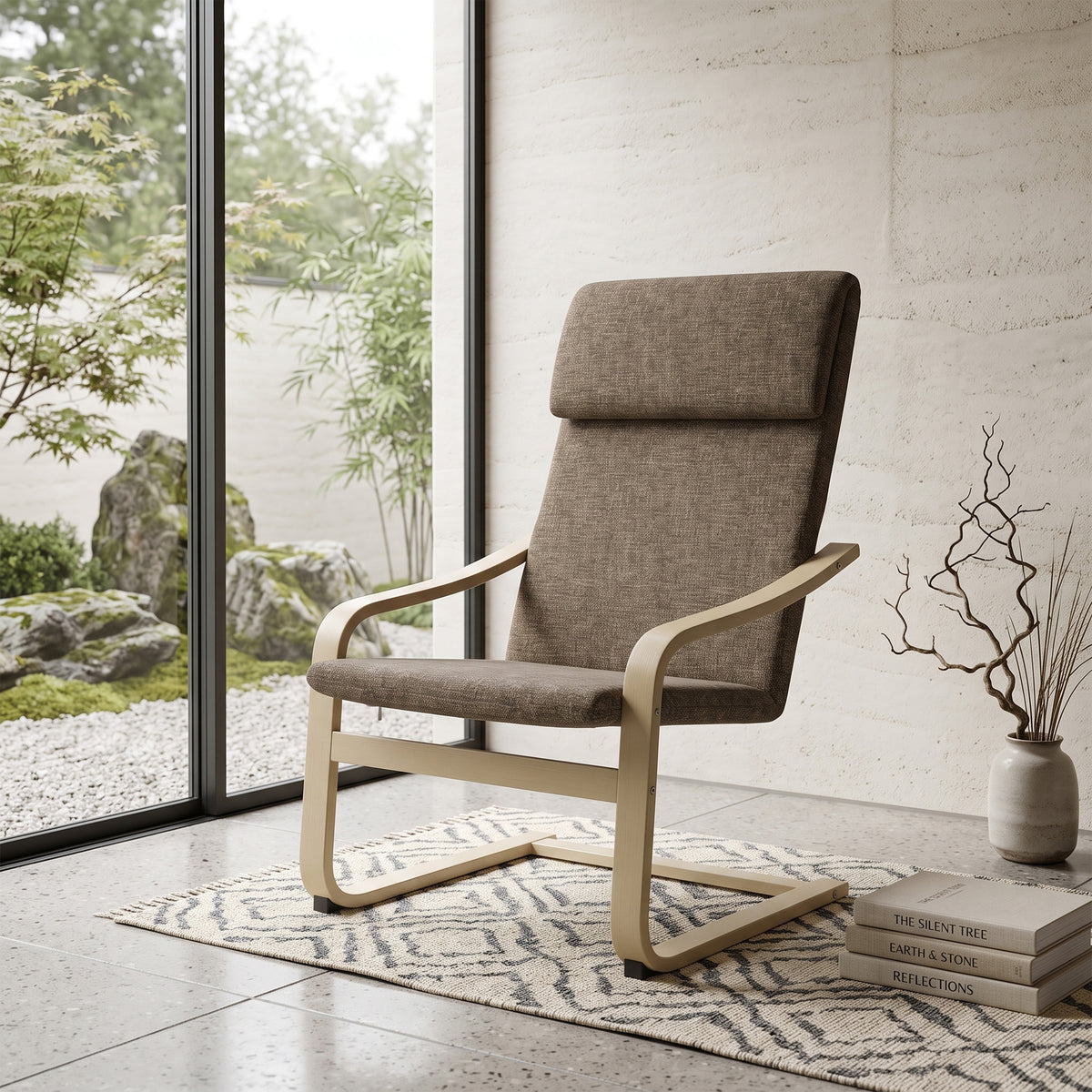 Modern Accent Chair, Linen-Feel Upholstered Living Room Chair with Wood Curved Legs and Wide Padded Seat for Balcony, Dark Brown