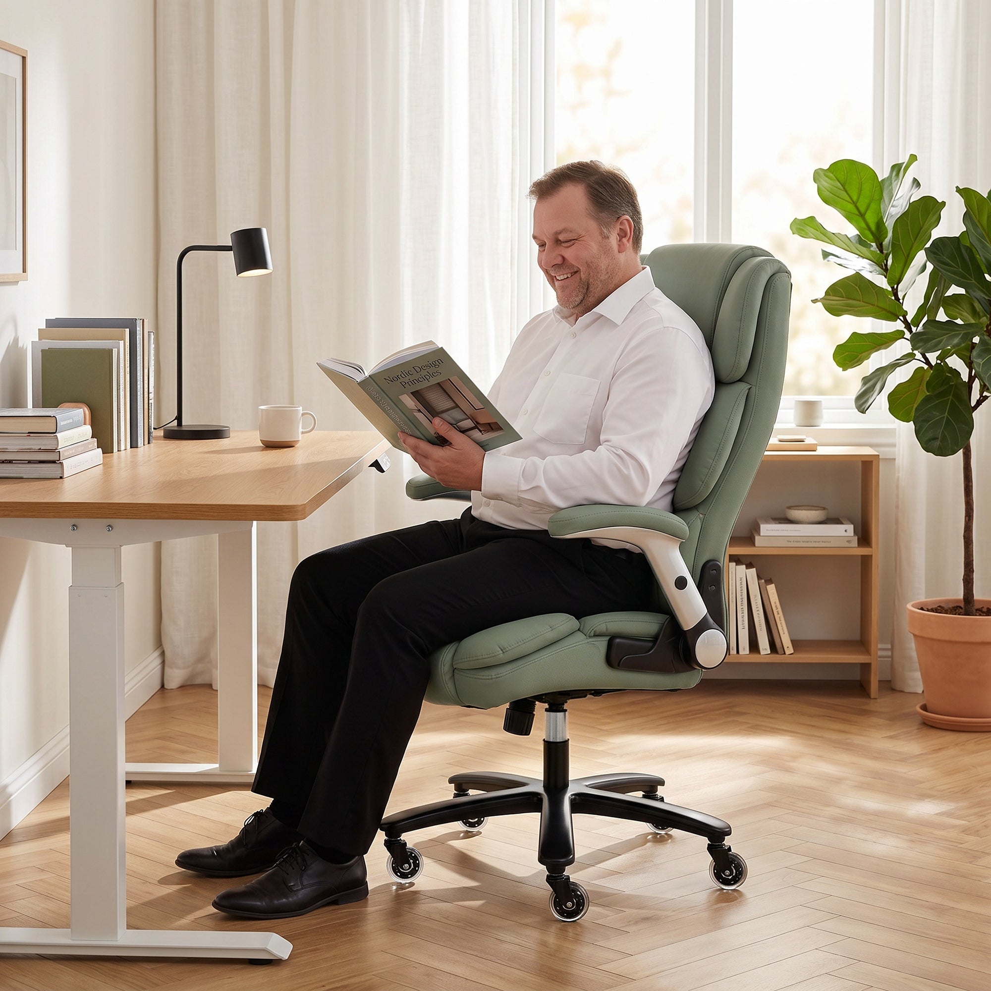 Heavy Duty Office Chair 400LBS with Airbag Lumbar Support, Pet-Friendly Fabric, Big and Tall Desk Chair with Flip-Up Armrests, Pocket Springs, Class 4 Gas Cylinder, Wide Seat, Light Green