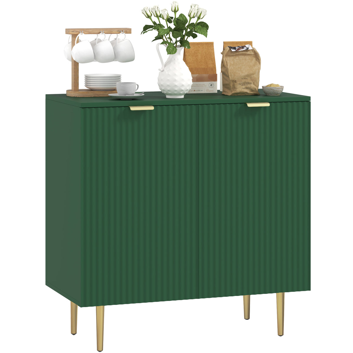 Modern Fluted Sideboard Cabinet with 2 Doors & Metal Legs, Green