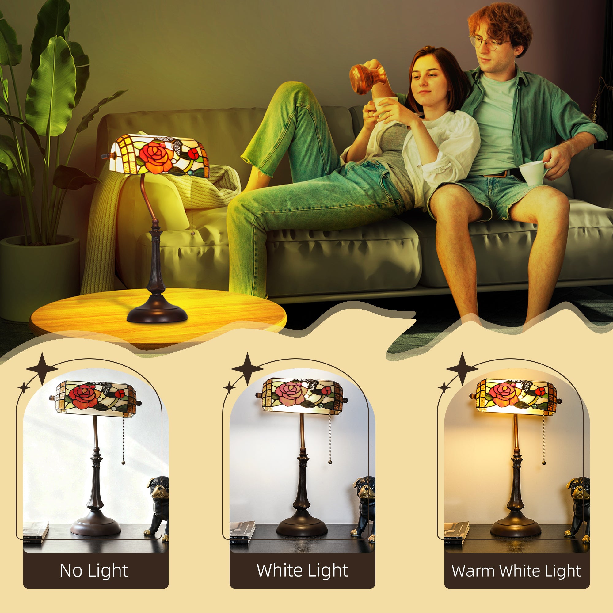 Tiffany-Style Glass Table Lamp with Rose and Butterfly Design, Handcrafted Antique Bedside Lamp with Dual Switch Control for Living Room and Bedroom, E27 Socket, No Assembly Required, Red
