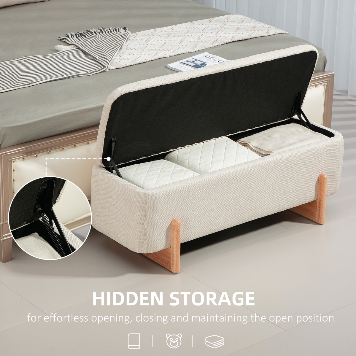 Storage Ottoman with Linen-Look Upholstery, Storage Bench with Safety Hinges and Wooden Legs for Bedroom, Hallway, Cream White