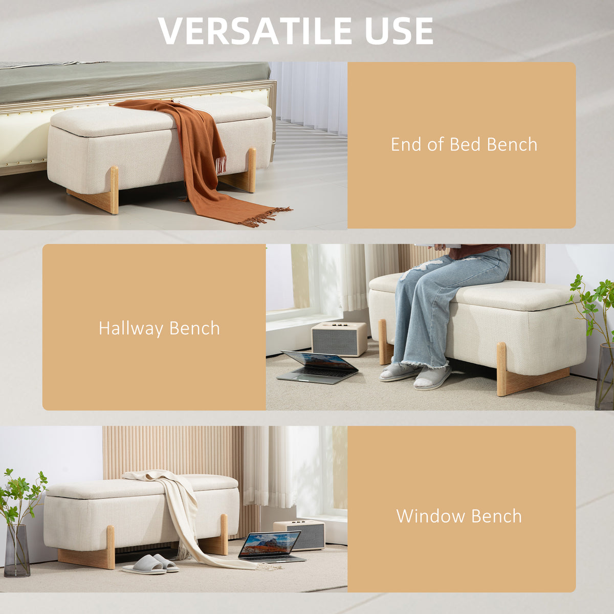 Storage Ottoman with Linen-Look Upholstery, Storage Bench with Safety Hinges and Wooden Legs for Bedroom, Hallway, Cream White