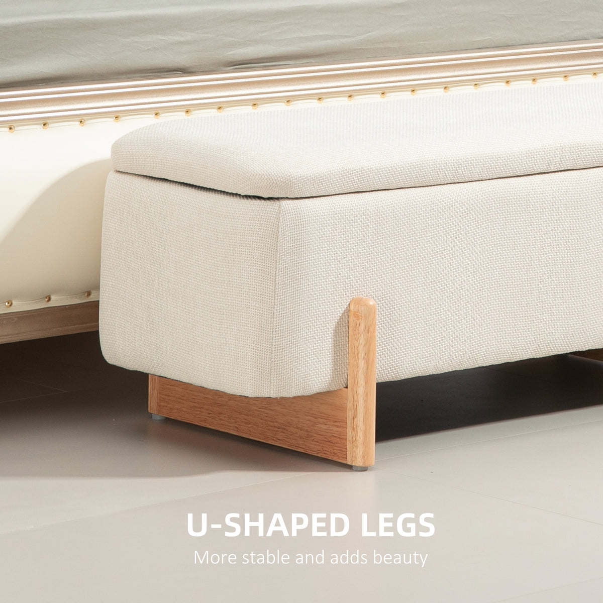 Storage Ottoman with Linen-Look Upholstery, Storage Bench with Safety Hinges and Wooden Legs for Bedroom, Hallway, Cream White