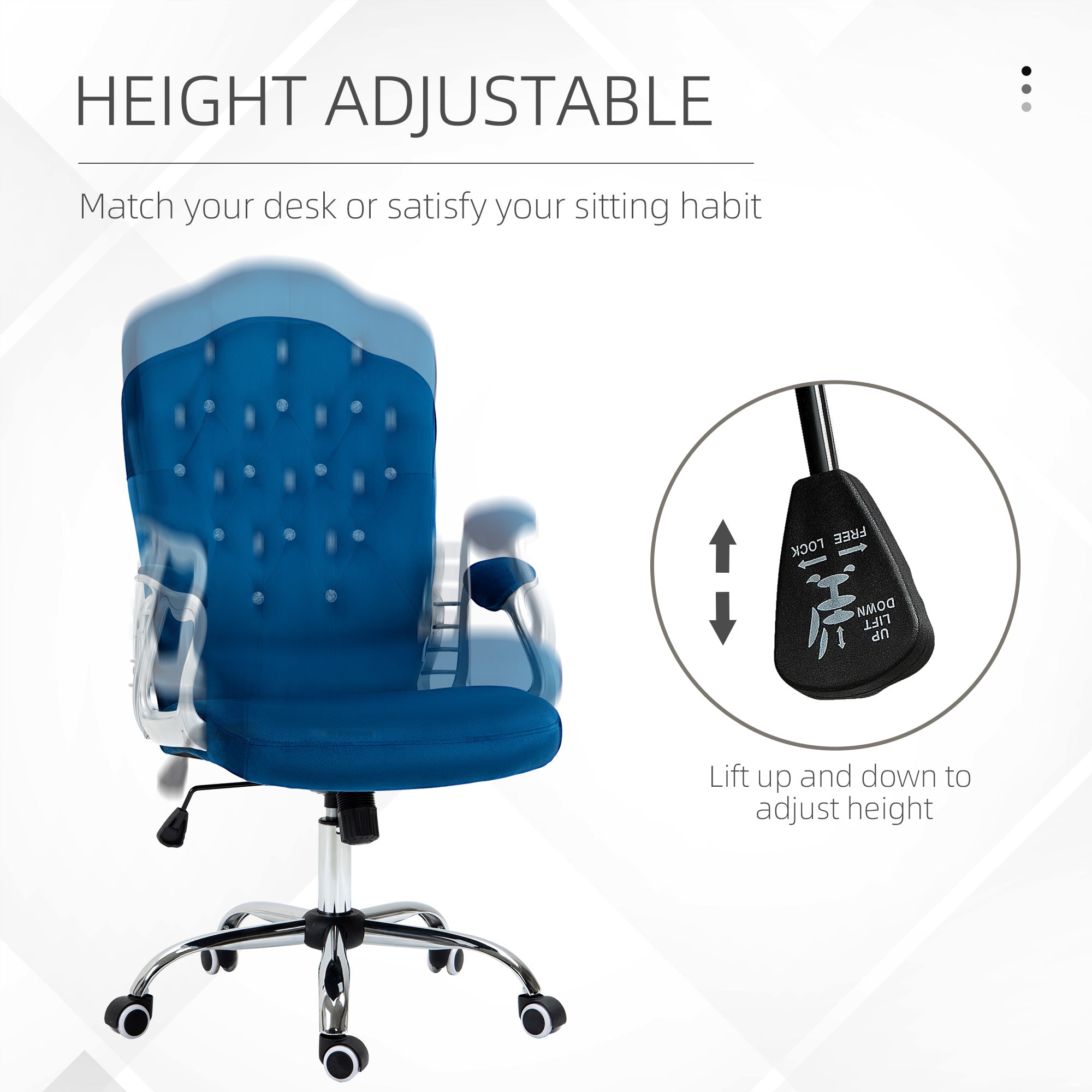 Vinsetto Office Chair, Velvet Computer Chair, Button Tufted Desk Chair with Swivel Wheels, Adjustable Height, Tilt Function, Blue