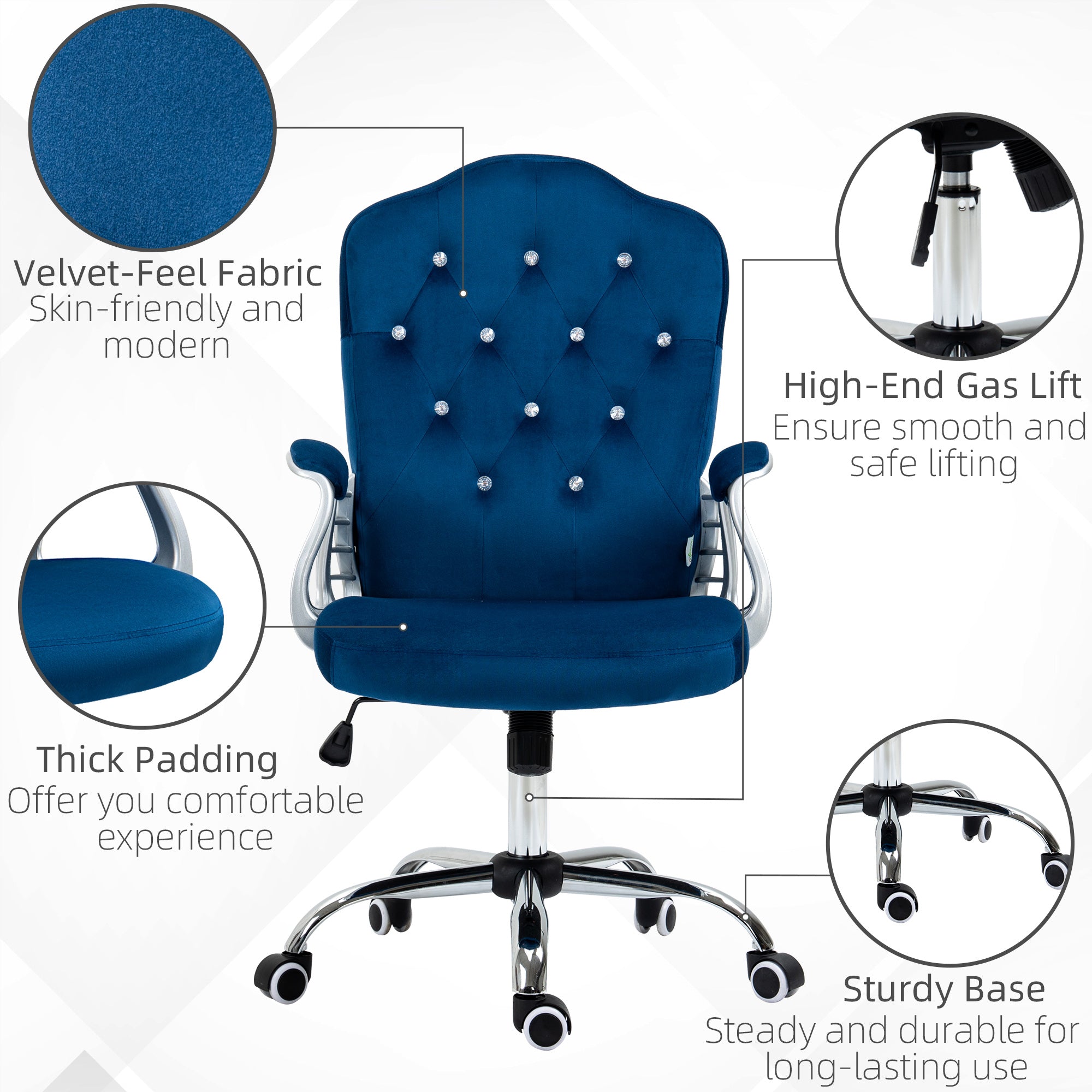 Vinsetto Office Chair, Velvet Computer Chair, Button Tufted Desk Chair with Swivel Wheels, Adjustable Height, Tilt Function, Blue