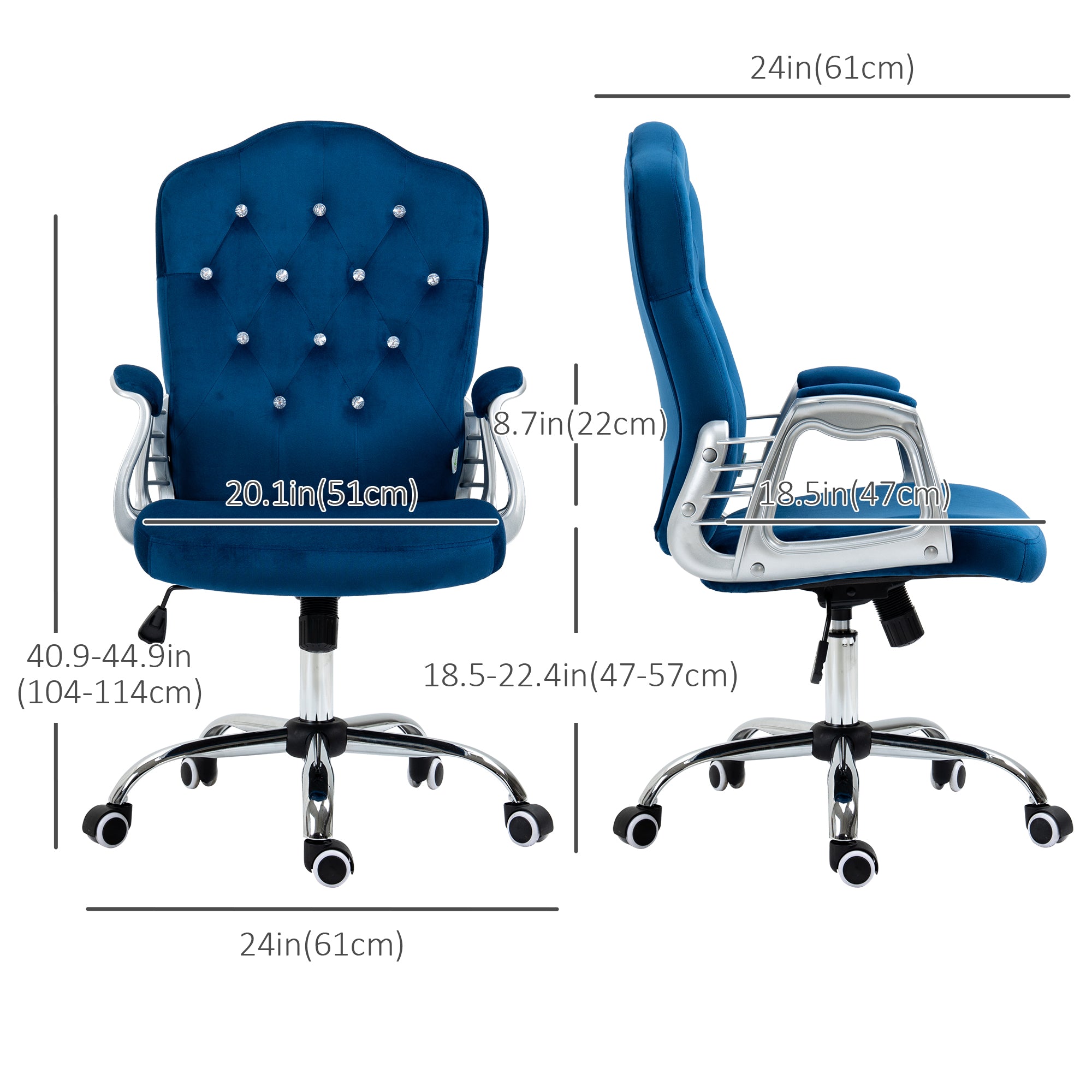 Vinsetto Office Chair, Velvet Computer Chair, Button Tufted Desk Chair with Swivel Wheels, Adjustable Height, Tilt Function, Blue