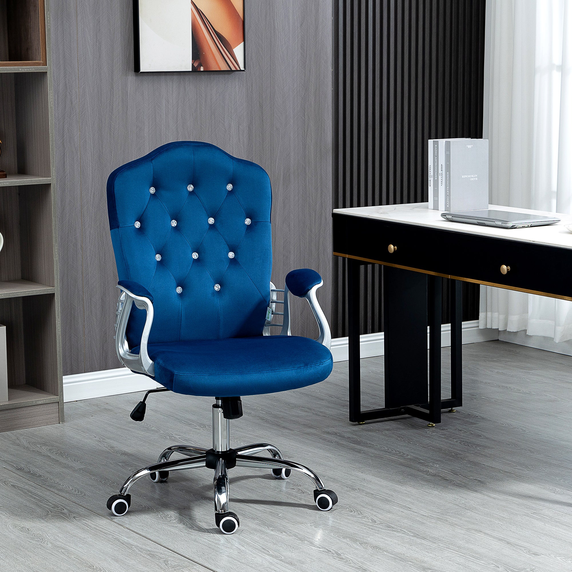 Vinsetto Office Chair, Velvet Computer Chair, Button Tufted Desk Chair with Swivel Wheels, Adjustable Height, Tilt Function, Blue