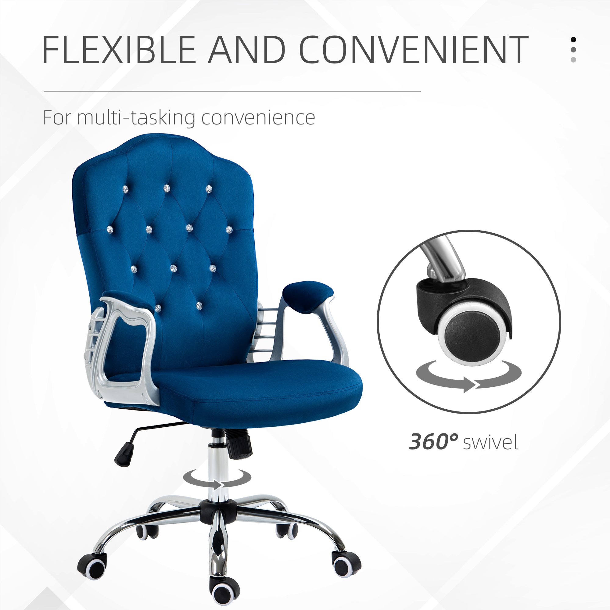 Vinsetto Office Chair, Velvet Computer Chair, Button Tufted Desk Chair with Swivel Wheels, Adjustable Height, Tilt Function, Blue