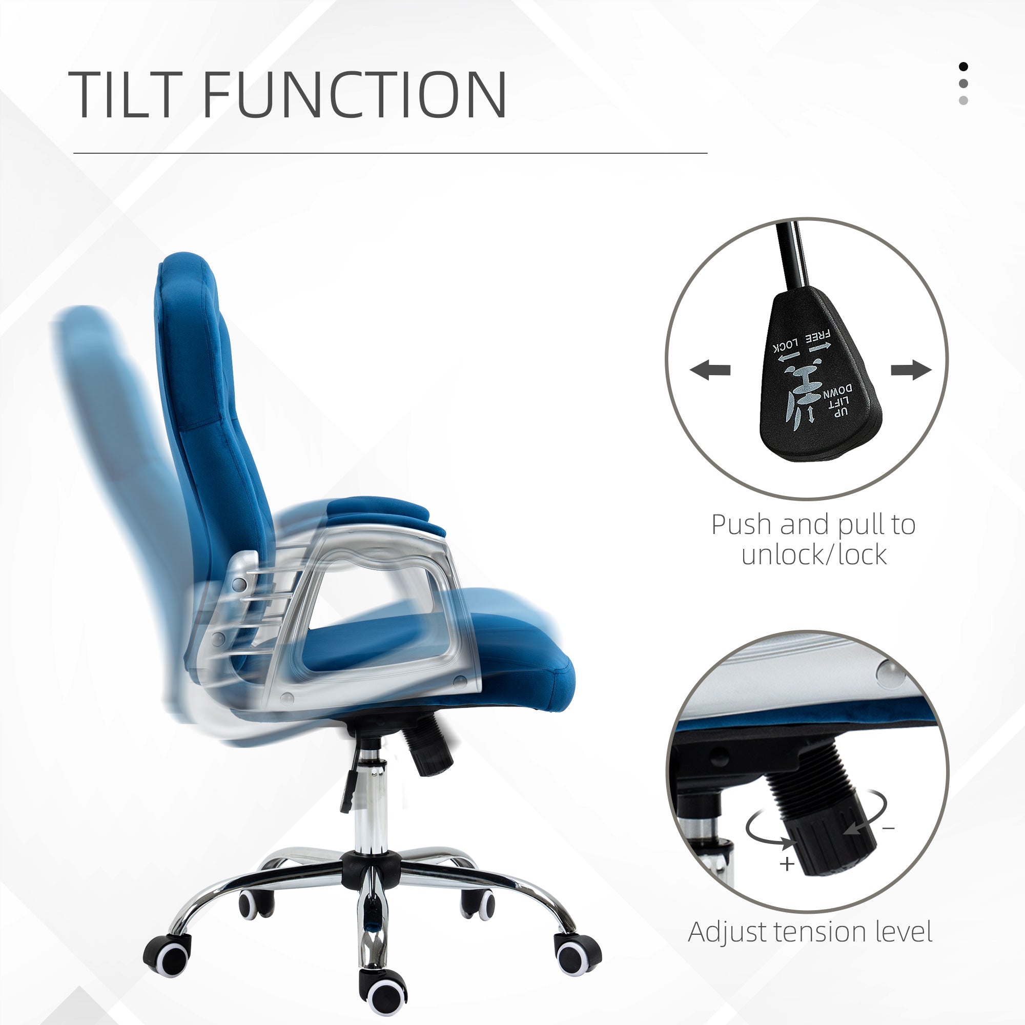 Vinsetto Office Chair, Velvet Computer Chair, Button Tufted Desk Chair with Swivel Wheels, Adjustable Height, Tilt Function, Blue