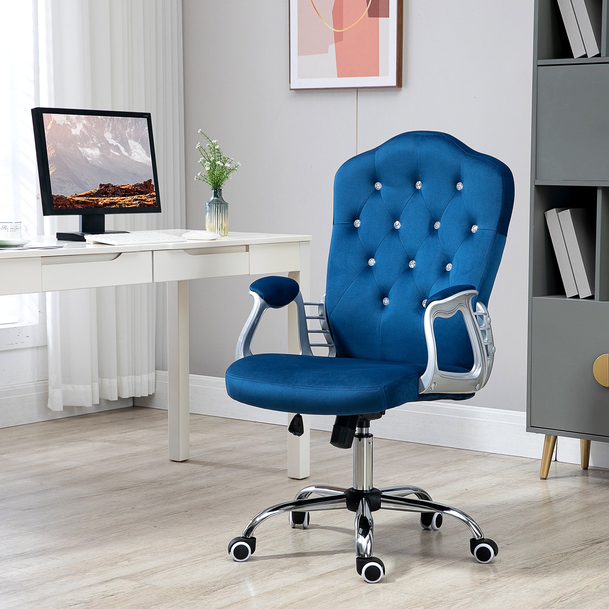 Vinsetto Office Chair, Velvet Computer Chair, Button Tufted Desk Chair with Swivel Wheels, Adjustable Height, Tilt Function, Blue