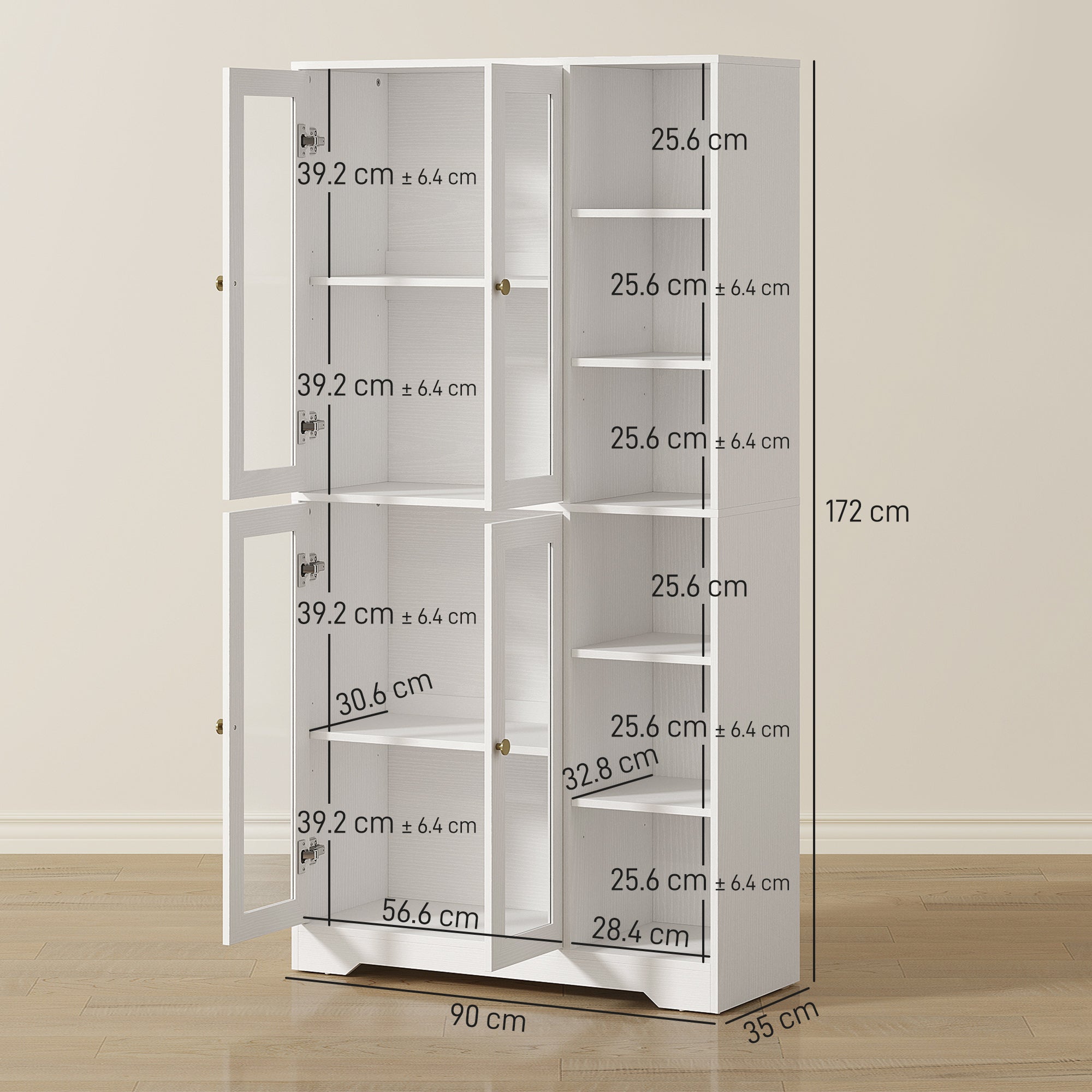 172 cm Tall Kitchen Cupboard, Pantry Storage Cabinet with Tempered Glass Doors and Soft-Close Hinges, Freestanding Kitchen Cabinet with Adjustable Shelves and 6 Open Shelves, White