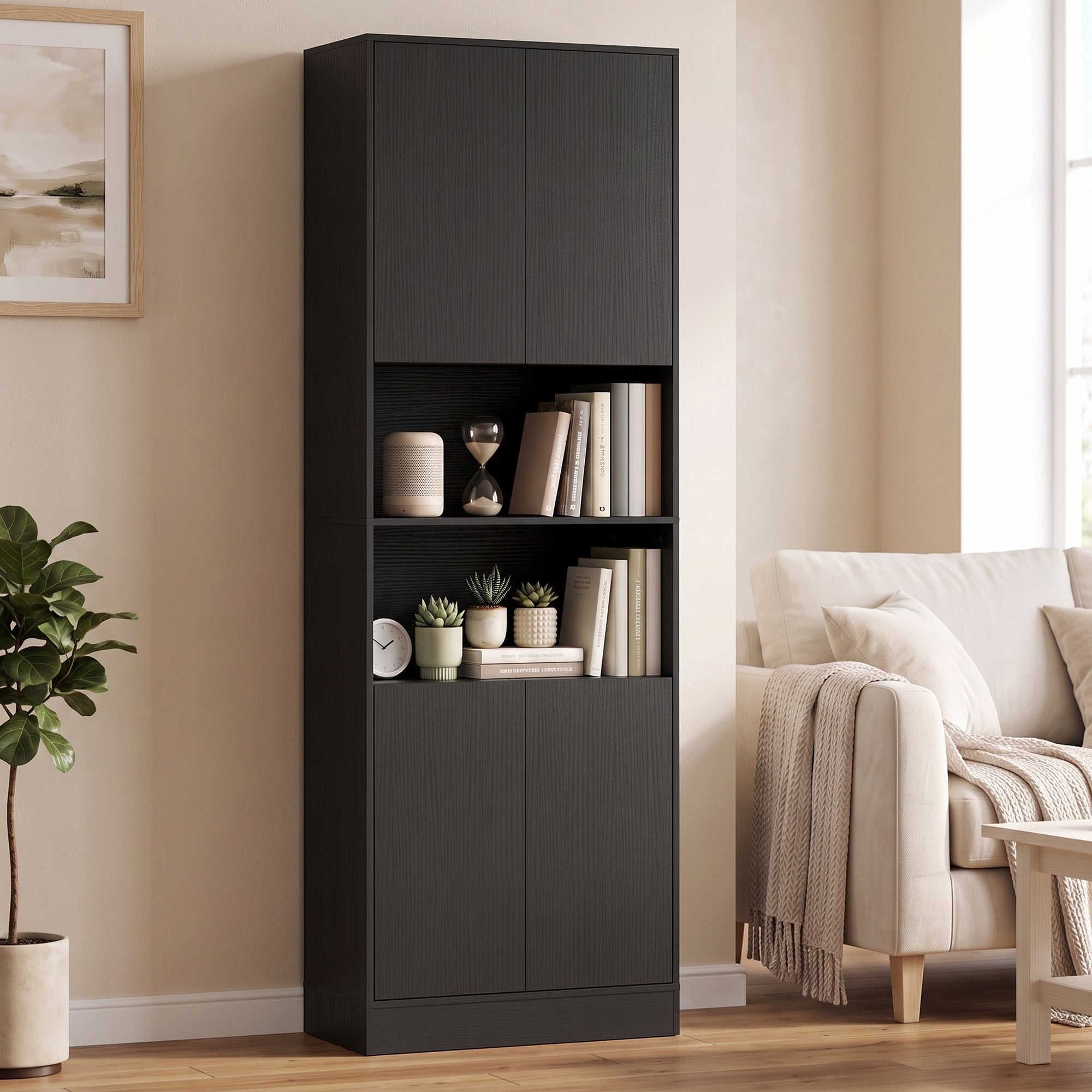 170 cm Tall Kitchen Cupboard, Pantry Storage Cabinet with Soft-Close Hinges, Freestanding Kitchen Cabinet with 2 Cupboards, 2 Open Shelves and Adjustable Shelves, Black Wood Effect
