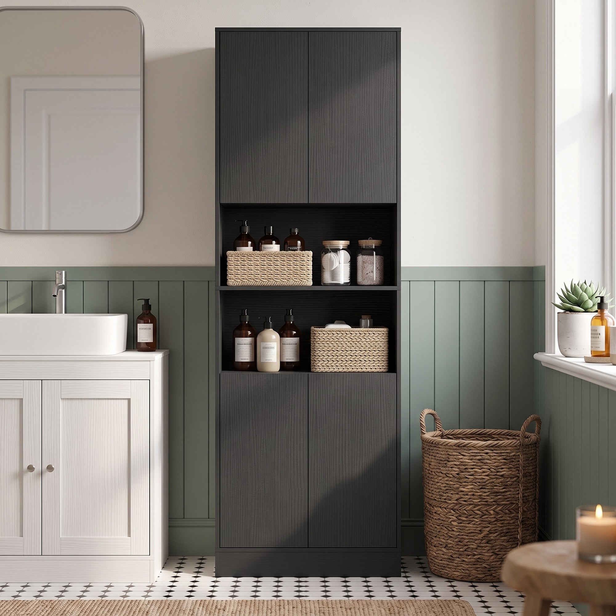 170 cm Tall Kitchen Cupboard, Pantry Storage Cabinet with Soft-Close Hinges, Freestanding Kitchen Cabinet with 2 Cupboards, 2 Open Shelves and Adjustable Shelves, Black Wood Effect