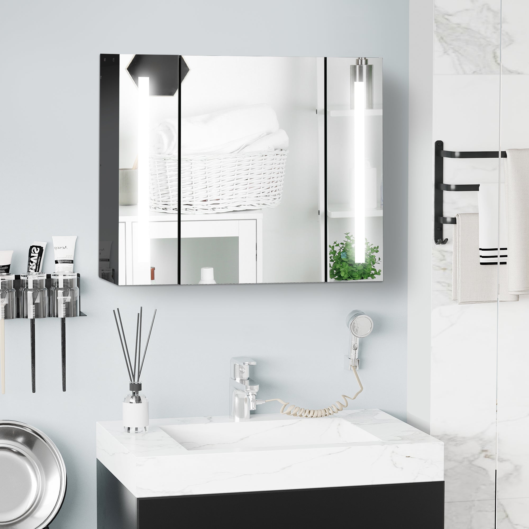 kleankin LED Lighted Medicine Cabinet with Mirror, 35.5"W x 25.5"H Wall Mounted Bathroom Cabinet with 3 Cupboards, Memory Function, USB Charge, High Gloss Black