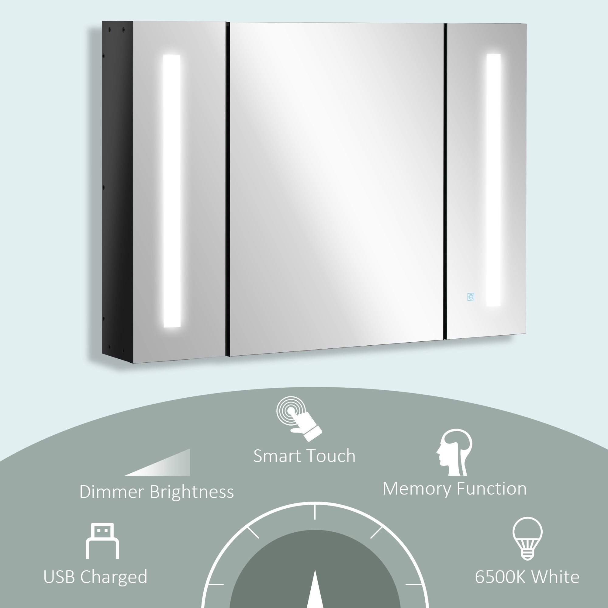 kleankin LED Lighted Medicine Cabinet with Mirror, 35.5"W x 25.5"H Wall Mounted Bathroom Cabinet with 3 Cupboards, Memory Function, USB Charge, High Gloss Black