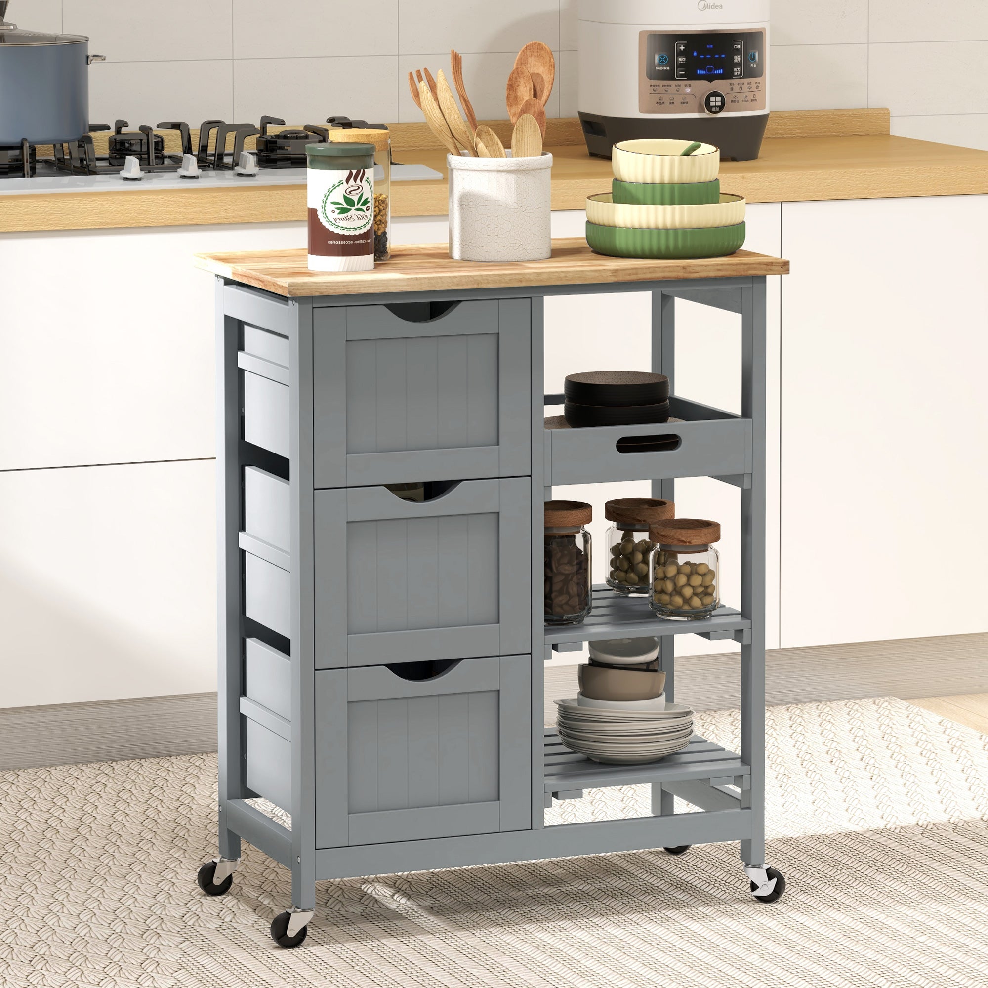 Rolling Kitchen Island Cart, Bar Serving Cart, Compact Trolley on Wheels with Wood Top, Shelves & Drawers for Home Dining Area, Grey