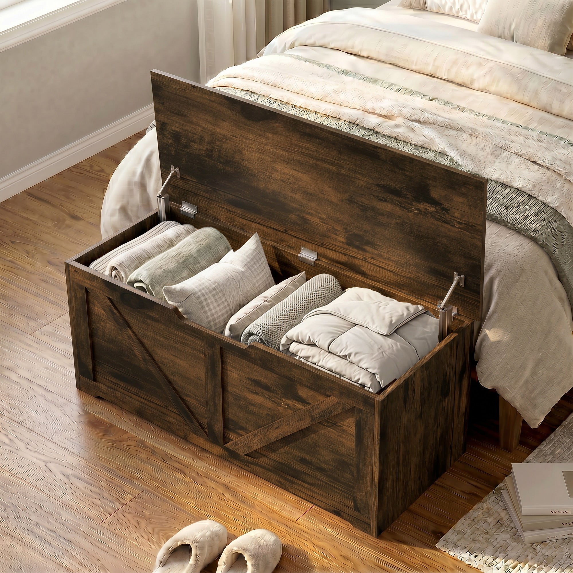 127L Storage Chest, Shoe Storage Trunk Bench Box with 2 Safety Hinges and U-shaped Cut-out Pull, Blanket Box Ottoman for Bedroom, Living Room, Entryway, 100 x 40 x 45 cm, Rustic Brown