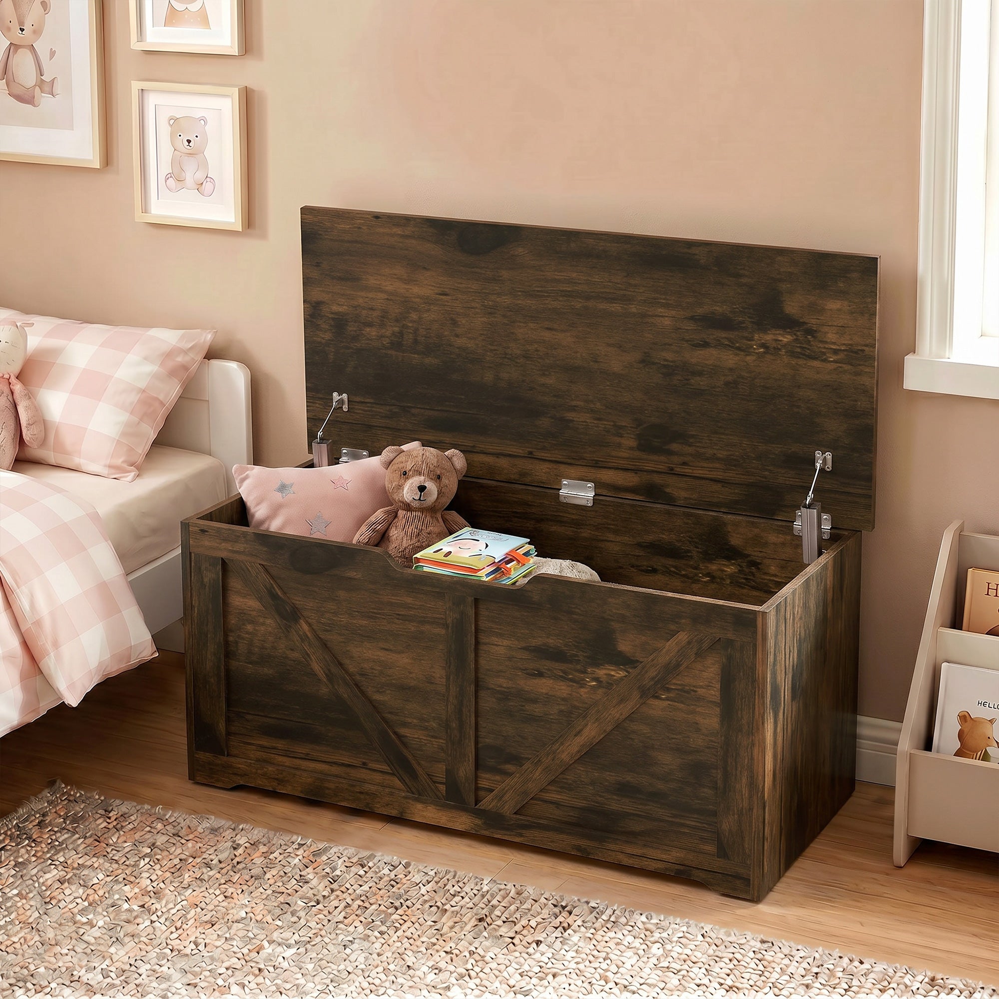 127L Storage Chest, Shoe Storage Trunk Bench Box with 2 Safety Hinges and U-shaped Cut-out Pull, Blanket Box Ottoman for Bedroom, Living Room, Entryway, 100 x 40 x 45 cm, Rustic Brown