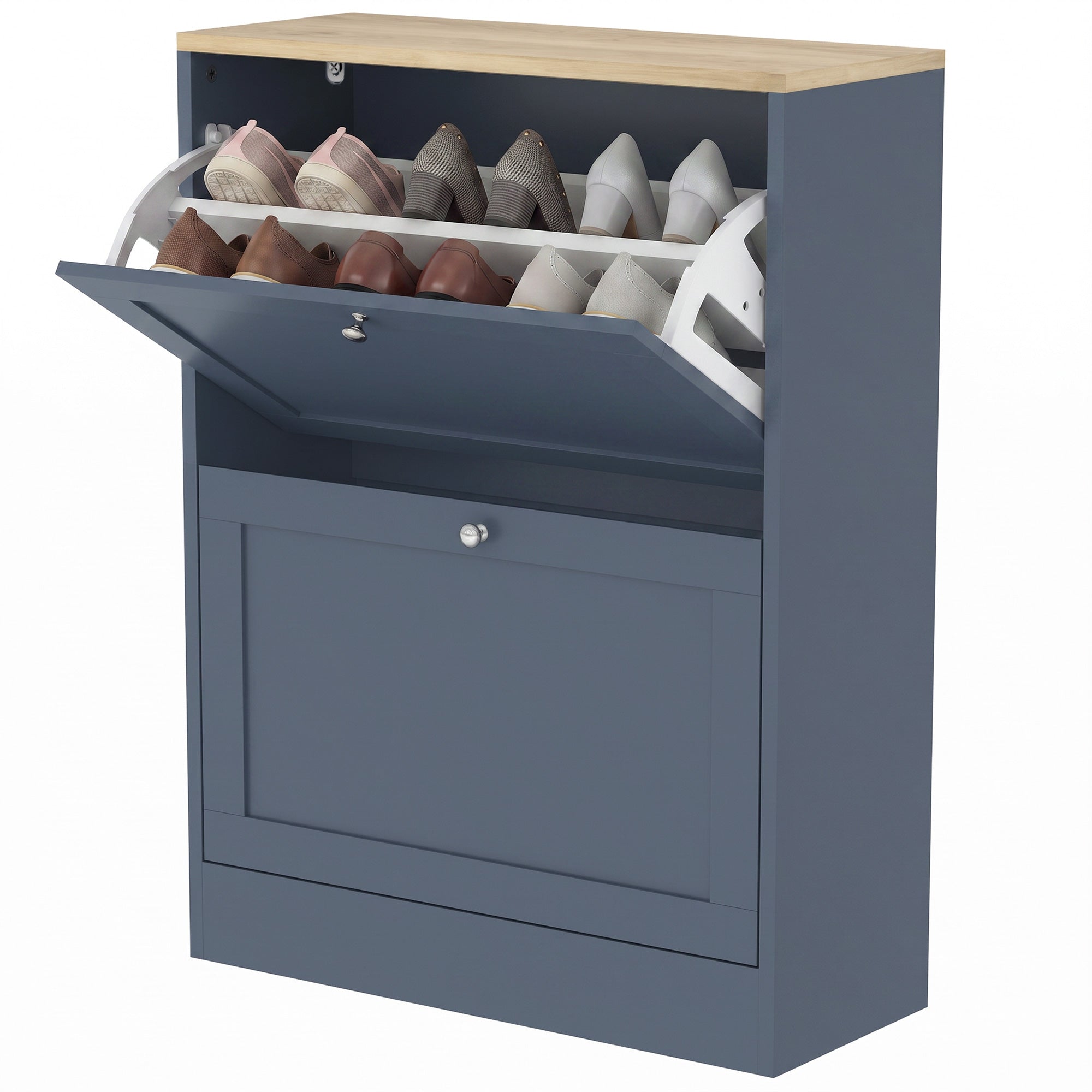 Shoe Storage Cabinet with 2 Flip Drawers, Wooden Freestanding Shoe Organizer with Adjustable Shelves for Entryway, Hallway, Blue