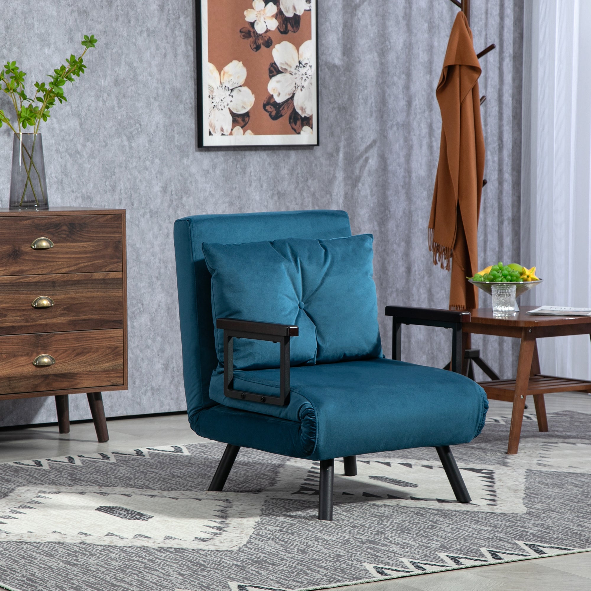HOMCOM Single Chair Bed, Click Clack Convertible Bed Settee, Modern Velvet Feel Fabric Chair Couch with 1 Tufted Cushion, Wood Armrests, for Living Room, Bedroom, Guest Room, Navy Blue