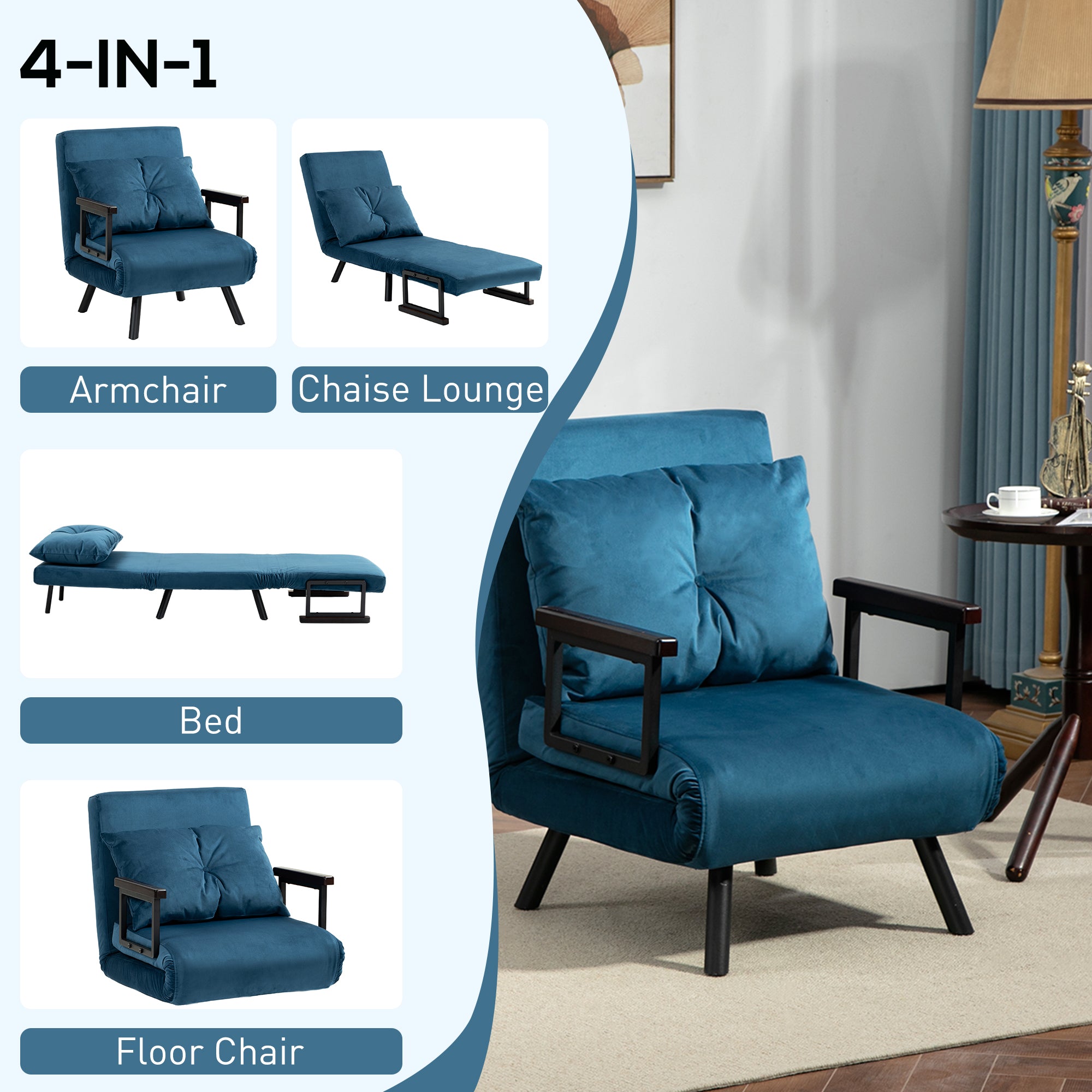 HOMCOM Single Chair Bed, Click Clack Convertible Bed Settee, Modern Velvet Feel Fabric Chair Couch with 1 Tufted Cushion, Wood Armrests, for Living Room, Bedroom, Guest Room, Navy Blue