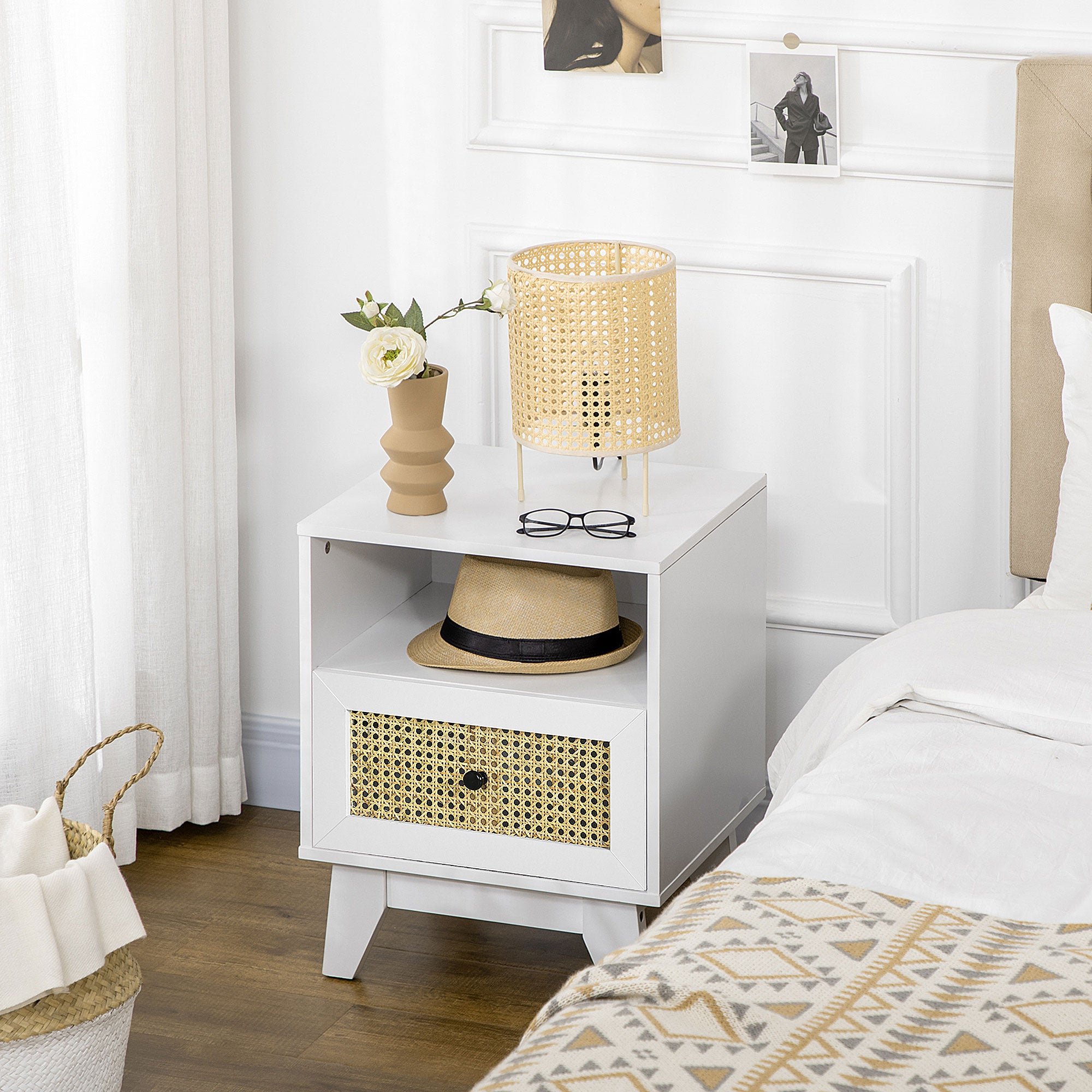 HOMCOM Nightstand, Bedside Table with Drawer and Shelf, Side End Table with Rattan Element for Bedroom, White