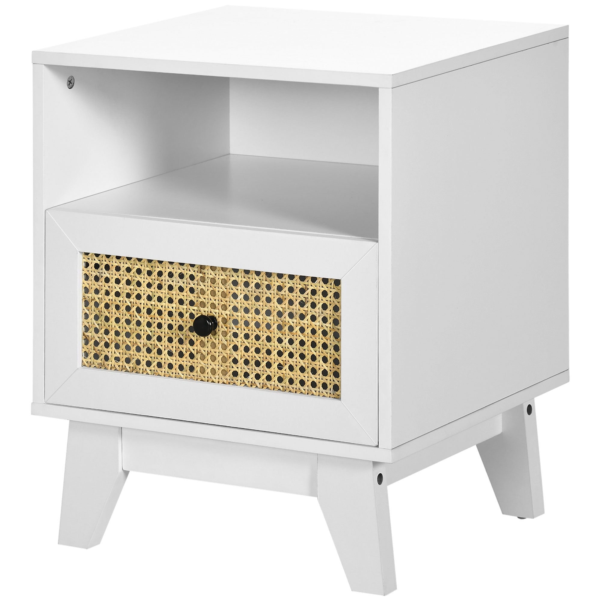 HOMCOM Nightstand, Bedside Table with Drawer and Shelf, Side End Table with Rattan Element for Bedroom, White