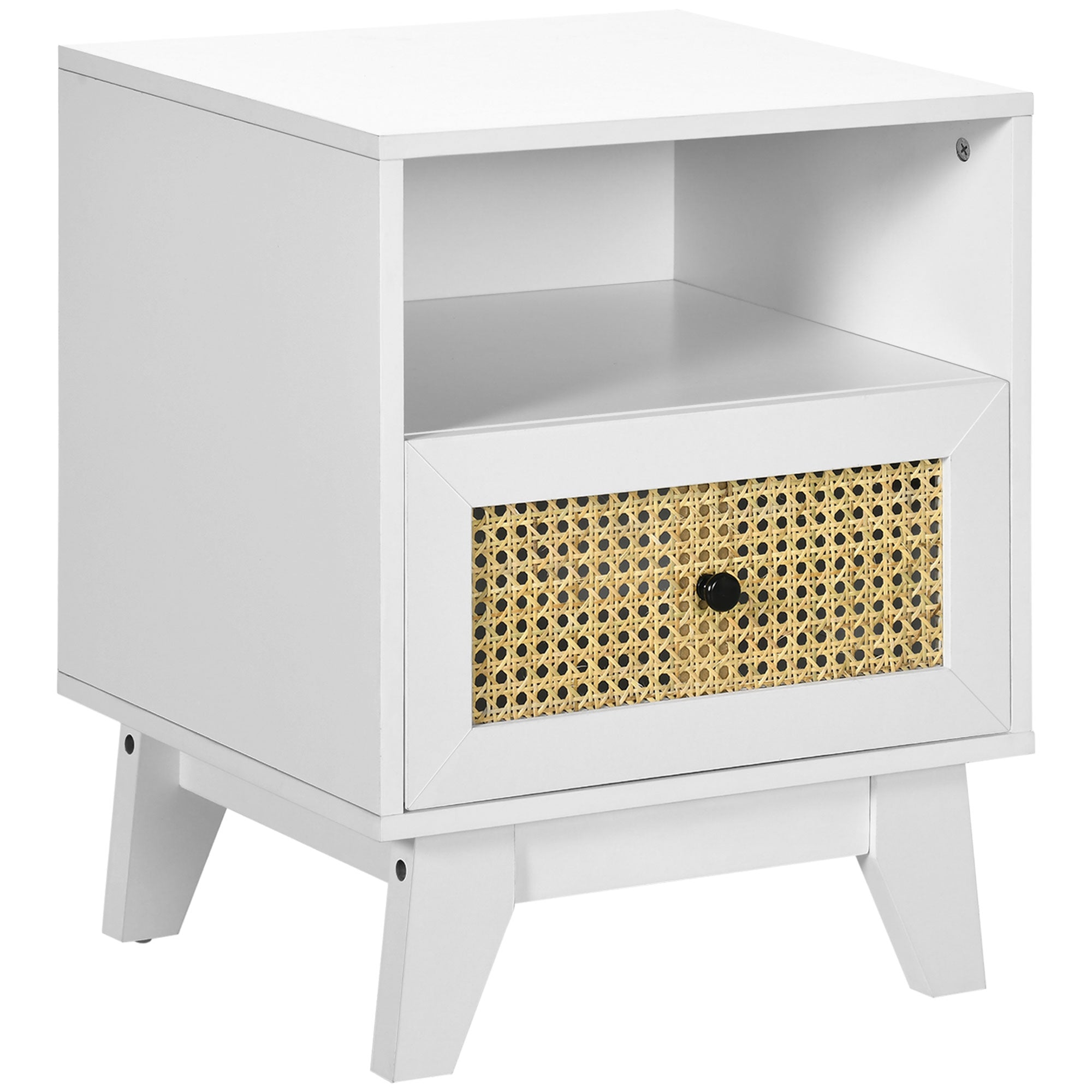 HOMCOM Nightstand, Bedside Table with Drawer and Shelf, Side End Table with Rattan Element for Bedroom, White