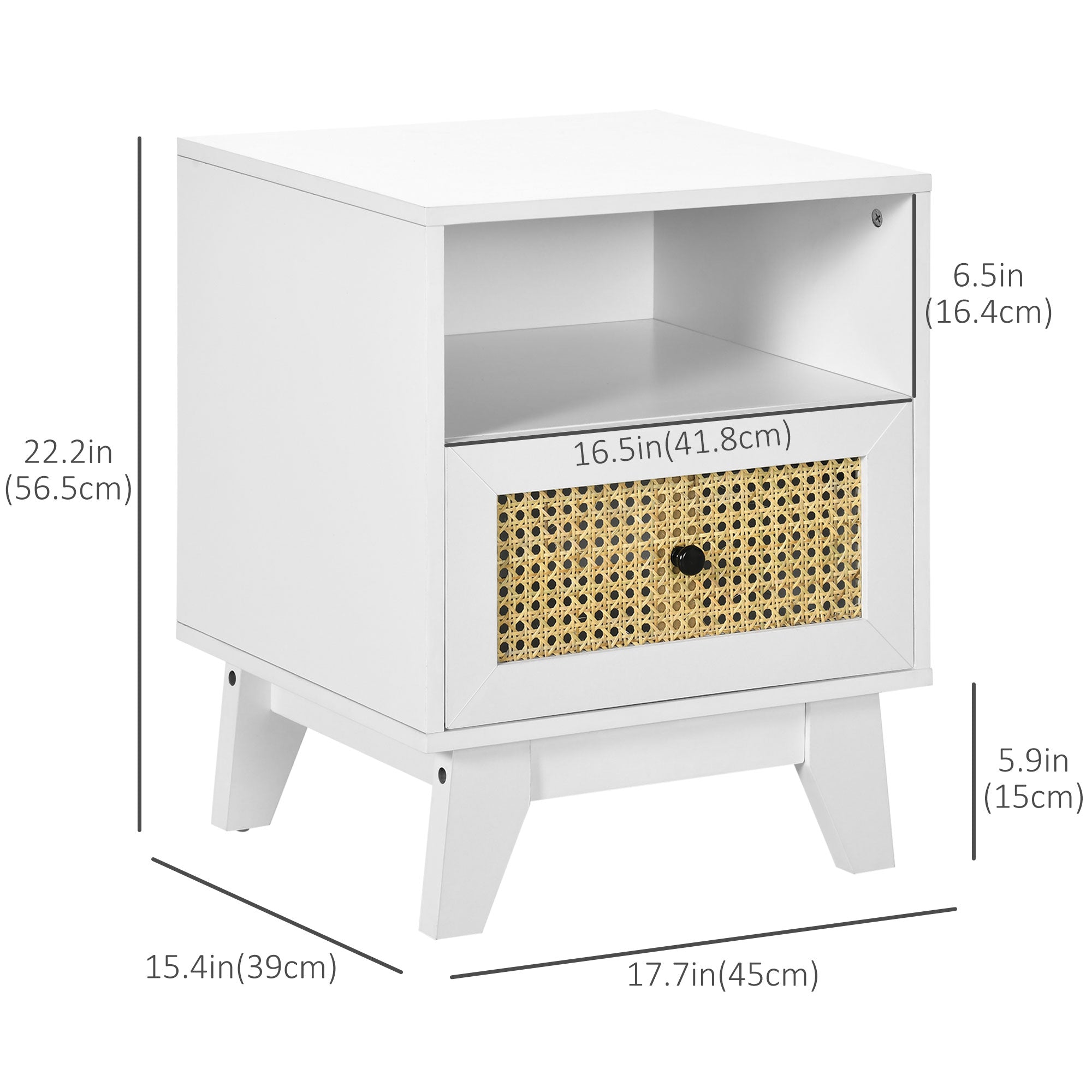 HOMCOM Nightstand, Bedside Table with Drawer and Shelf, Side End Table with Rattan Element for Bedroom, White