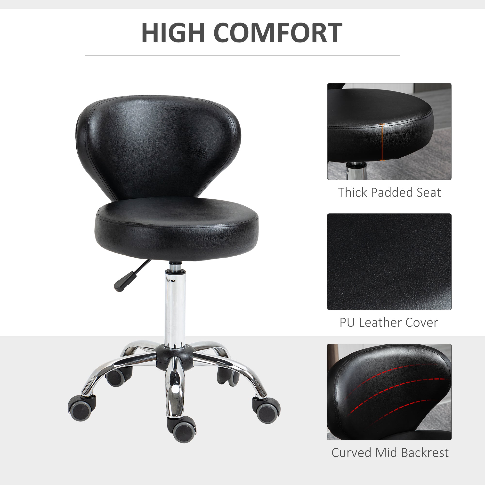 Adjustable Swivel Salon Stool with Backrest and Wheels, Office & Living Room Chair, Synthetic Leather, Black, 17.7" L x 21.3" W x 28.7" - 34.6" H