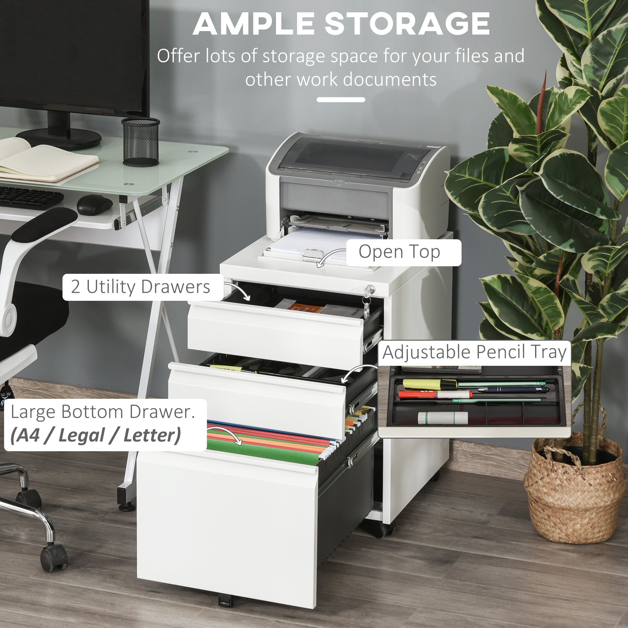 Vinsetto Mobile Vertical File Cabinet Lockable Metal Filling Cabinet with 3 Drawers Anti-tilt Design for Letter A4 Legal Size Fully Assembled Except Casters White