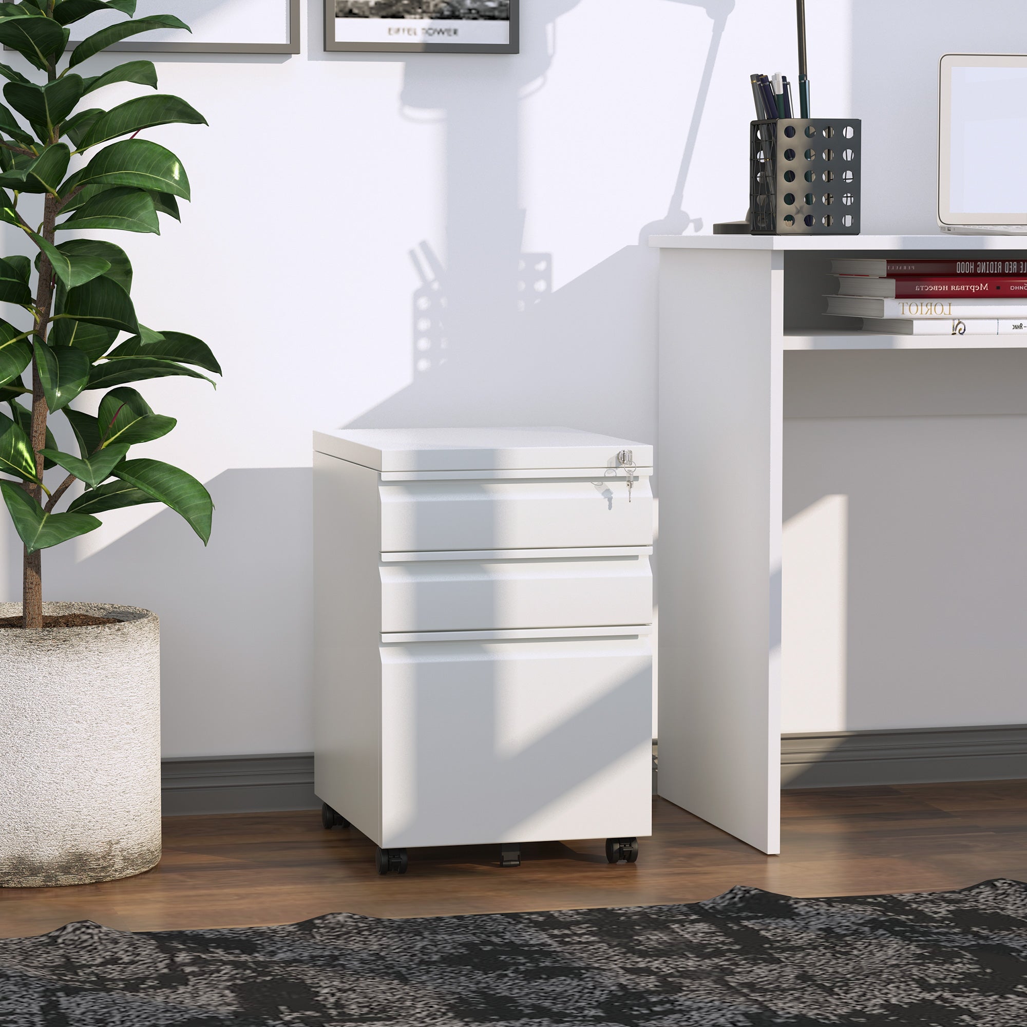 Vinsetto Mobile Vertical File Cabinet Lockable Metal Filling Cabinet with 3 Drawers Anti-tilt Design for Letter A4 Legal Size Fully Assembled Except Casters White