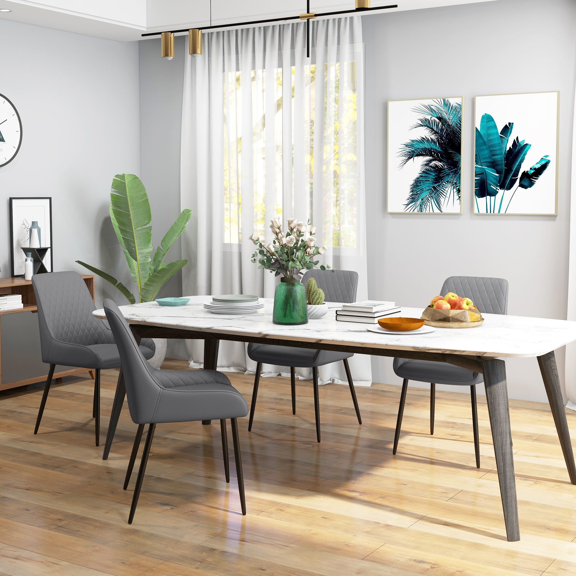HOMCOM Dining Chairs Set of 4, Modern PU Leather Upholstered Kitchen Chairs with Diamond Tufted Backs and Steel Legs for Living Room, Dining Room, Bedroom, Grey