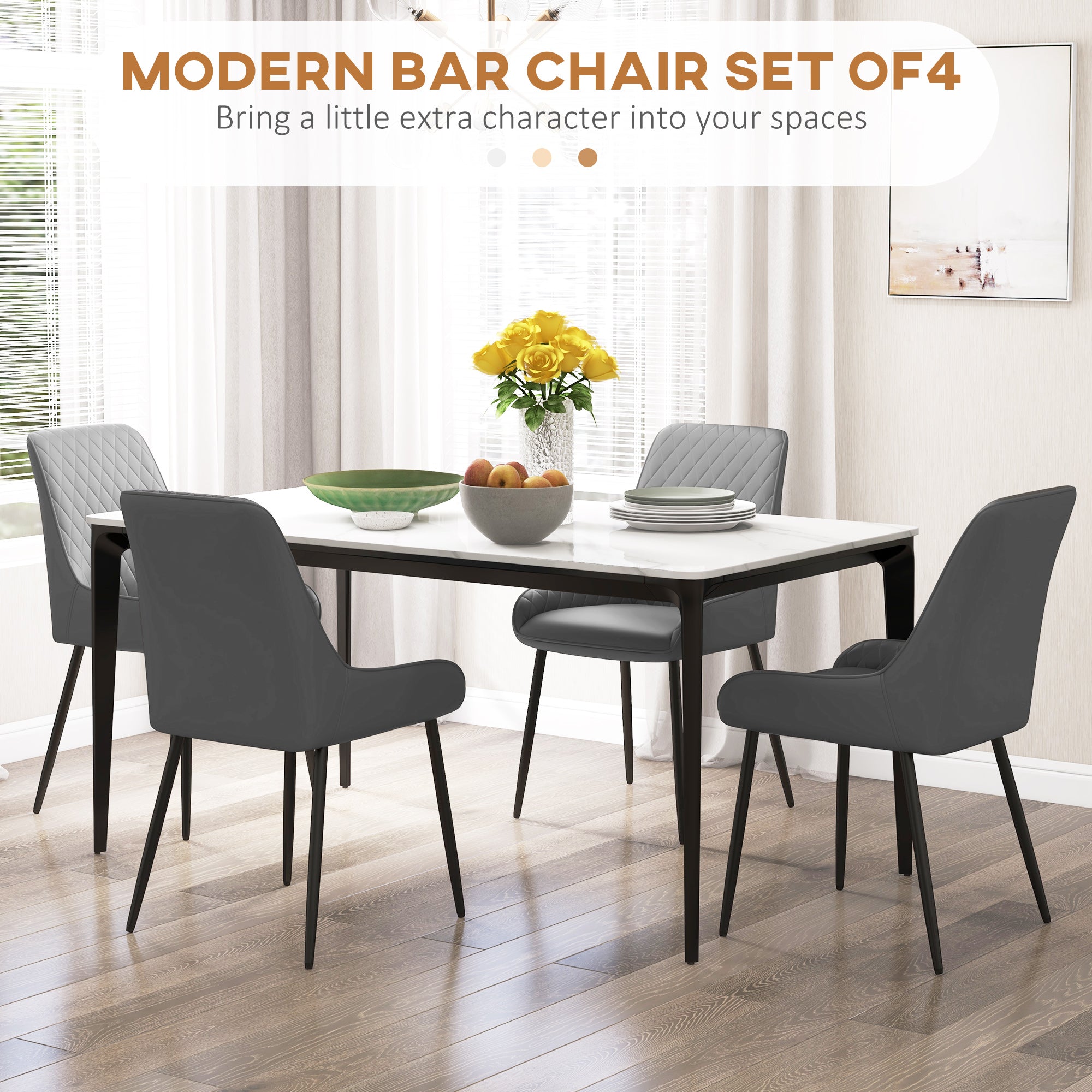 HOMCOM Dining Chairs Set of 4, Modern PU Leather Upholstered Kitchen Chairs with Diamond Tufted Backs and Steel Legs for Living Room, Dining Room, Bedroom, Grey